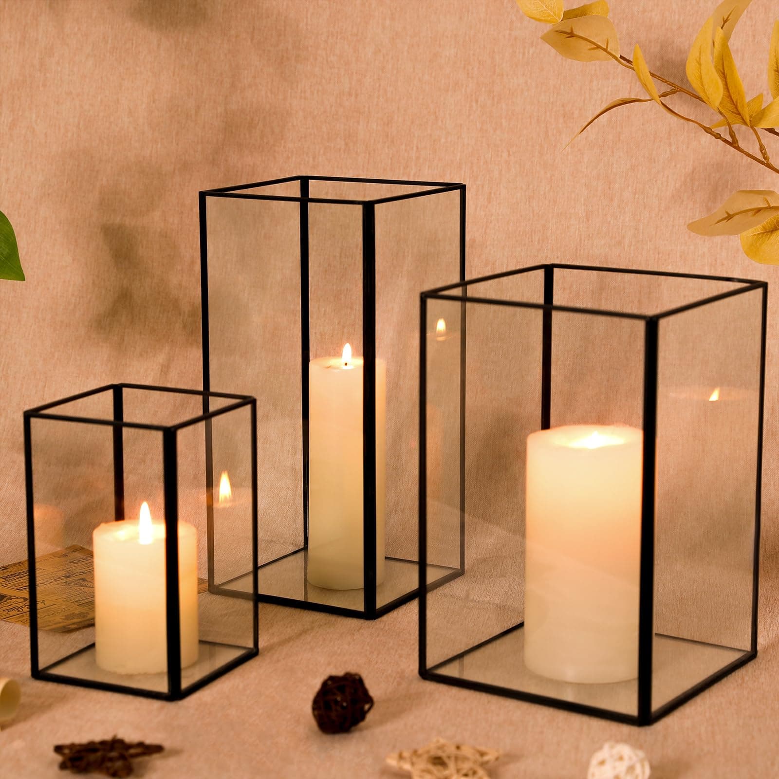 Large Hurricane Candle Holder Set of 3 Crystal Glass Candle Holders for Table Centerpiece with Metal Frame Square Black Candle Holders for Pillar Candles for Wedding, Thanksgiving, Christmas, Holiday