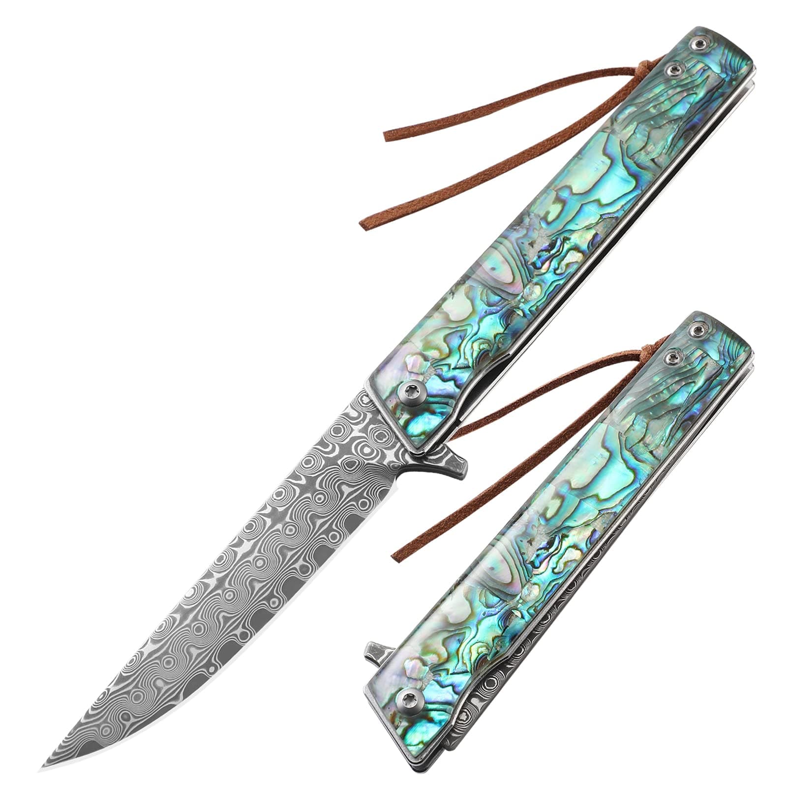 Damascus Steel Pocket Knife, Abalone Handle, Damascus Knife with for Men, Great As Father's Valentine's Day Christmas Day Gift (C-ONLY A KNIFE)