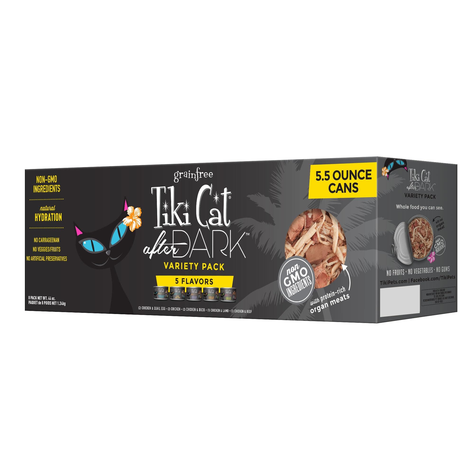 Tiki Cat After Dark, Variety Pack, High-Protein and 100% Non-GMO Ingredients, Wet Cat Food for Adult Cats, 5.5 oz. Can (8 Count)