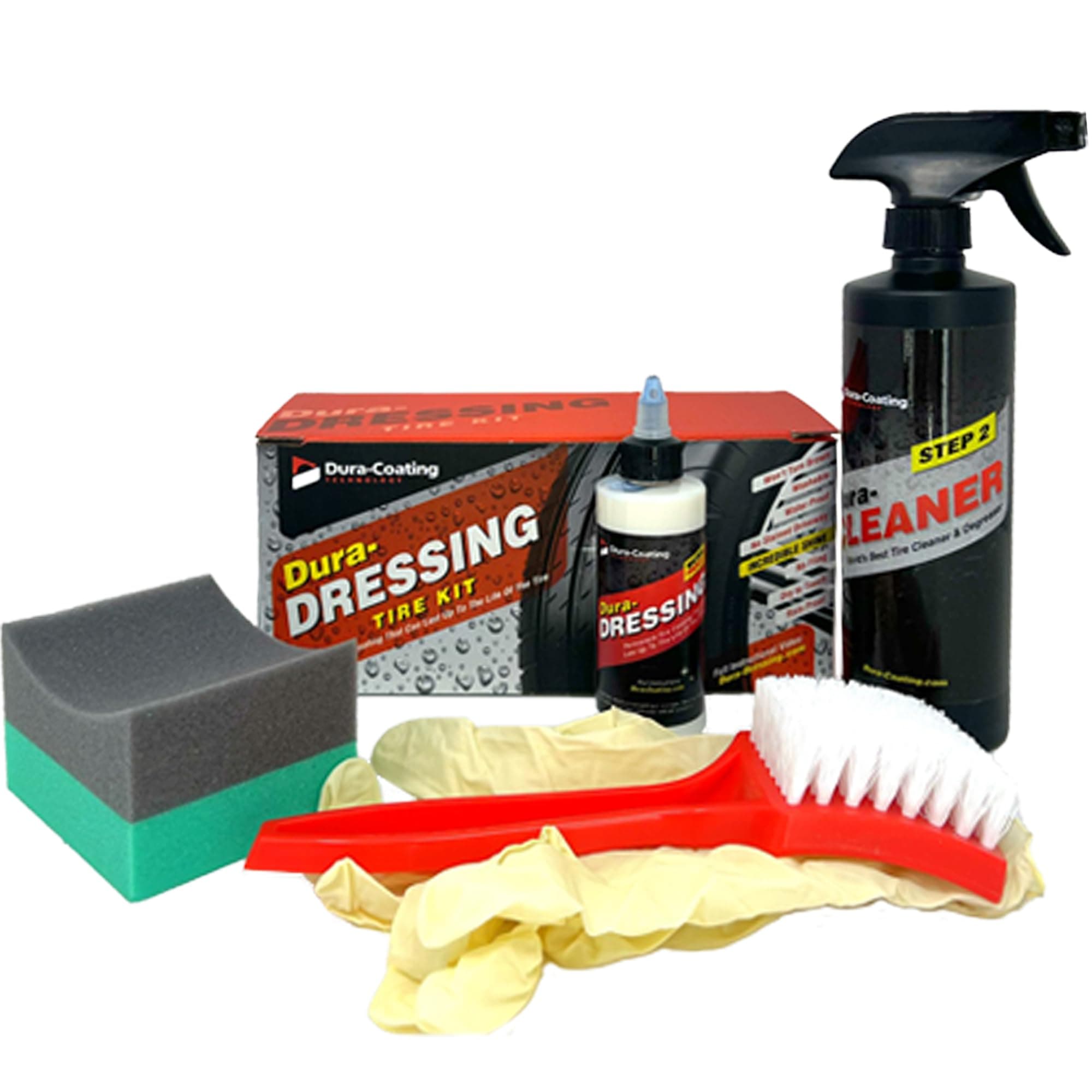 DURA-COATING TECHNOLOGY, Dressing Total Tire Kit, Single Car Kit - All Inclusive Tire Shine, and Cleaner Kit for a Lasting Shine and Brilliant Finish - 16 Ounce Tire Cleaning Spray - Made in The USA
