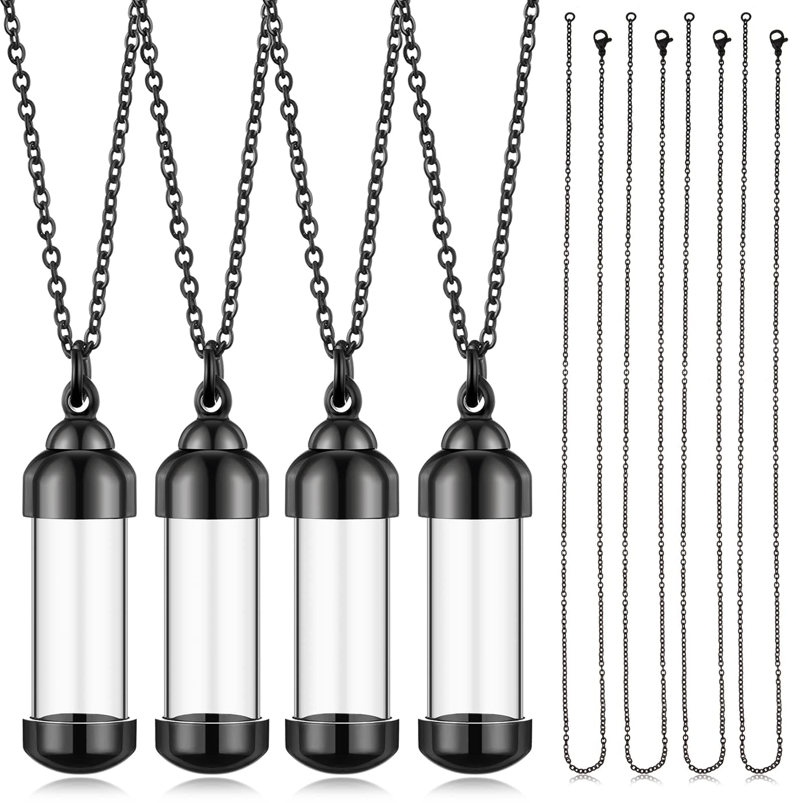MTLEE4 Vial Necklace Pendant Set Include 4 Stainless Steel Glass Openable Container Vial Tube Urn Keepsake Cremation Memorial Ashes Holder 4 Snake Chain Necklace for DIY Jewelry Making (Black)