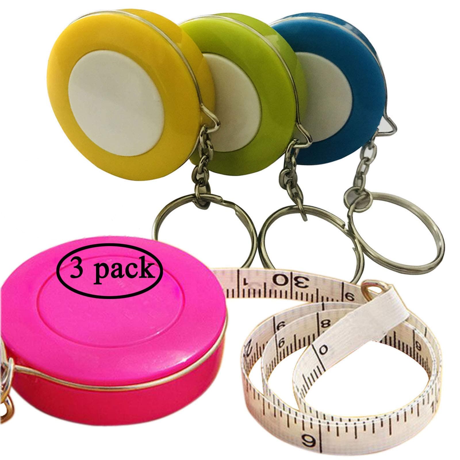 3 Pack Retractable Tape Measure Double-Scale 60-Inch/150cm Double Sided Pocket Soft Cloth Measuring Tape Weight Loss Medical Body Measurement Sewing Tailor Craft Vinyl Ruler with Keychain