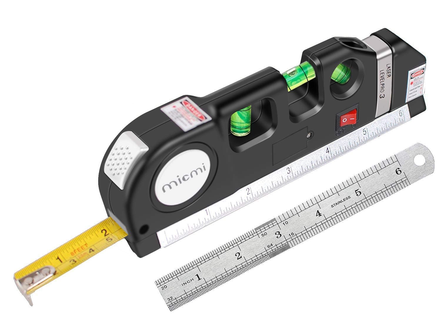 micmi Laser Level, Multipurpose Laser Tape Measure Line 8ft+ Tape Measure Ruler Adjusted Standard and Metric Rulers Update Batteries MICMI