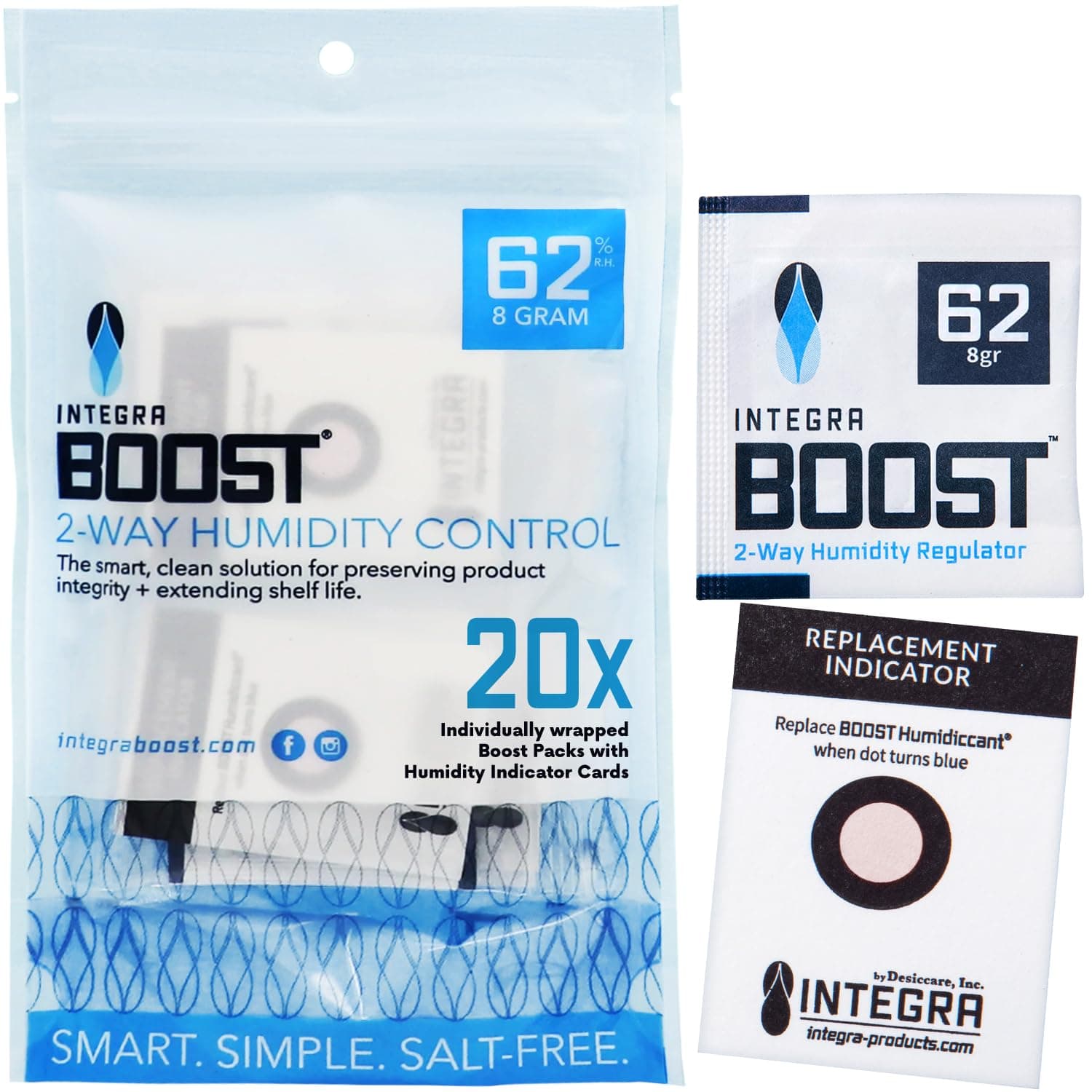 Integra Boost 2-Way Humidity Control Pack - Retains Flavor and Controls Humidity at 62% RH - Moisture Absorber for Herbs, Spices and More - 8 Grams (20 Pack)