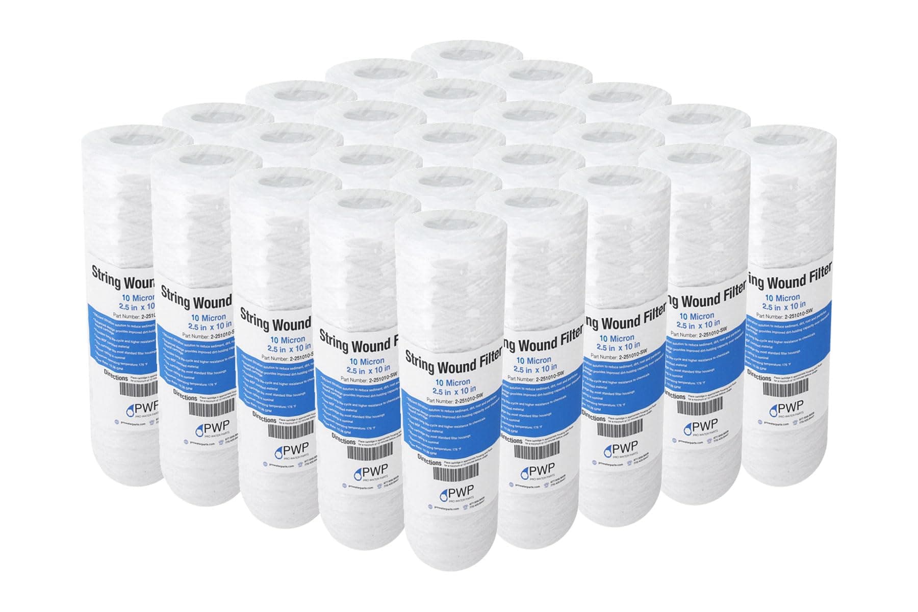 String Wound Sediment Water Filter Cartridge Standard 2.5x10" 10 Micron 25 Pack