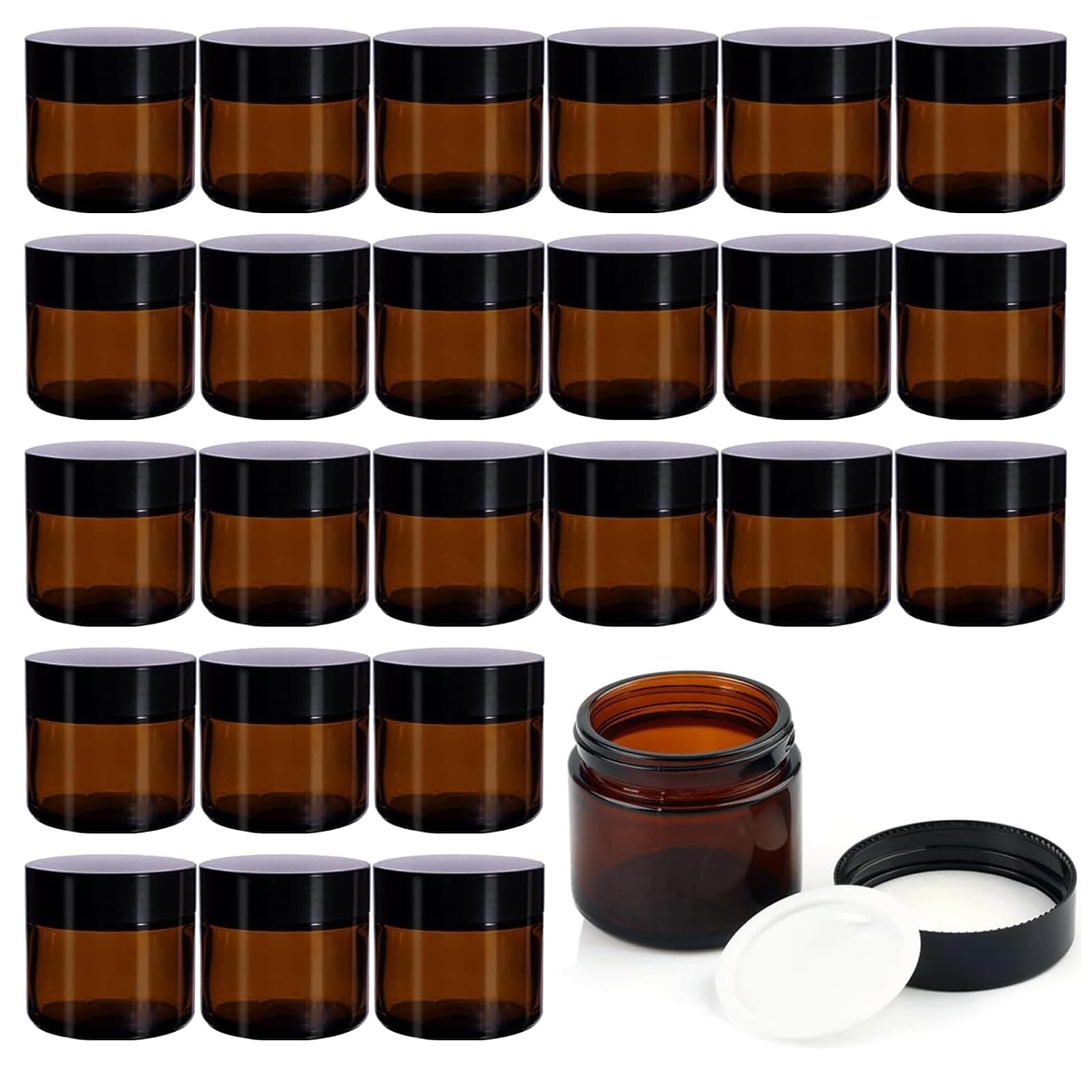 24 Pack 2 oz Round Amber Glass Cosmetic Jars with Inner Liners and Black Lids, Travel Jars, Refillable Containers for Makeup, Cream, Lotion, Sugar Scrubs, Eye Shadow, Slime, Paint, Jewelry