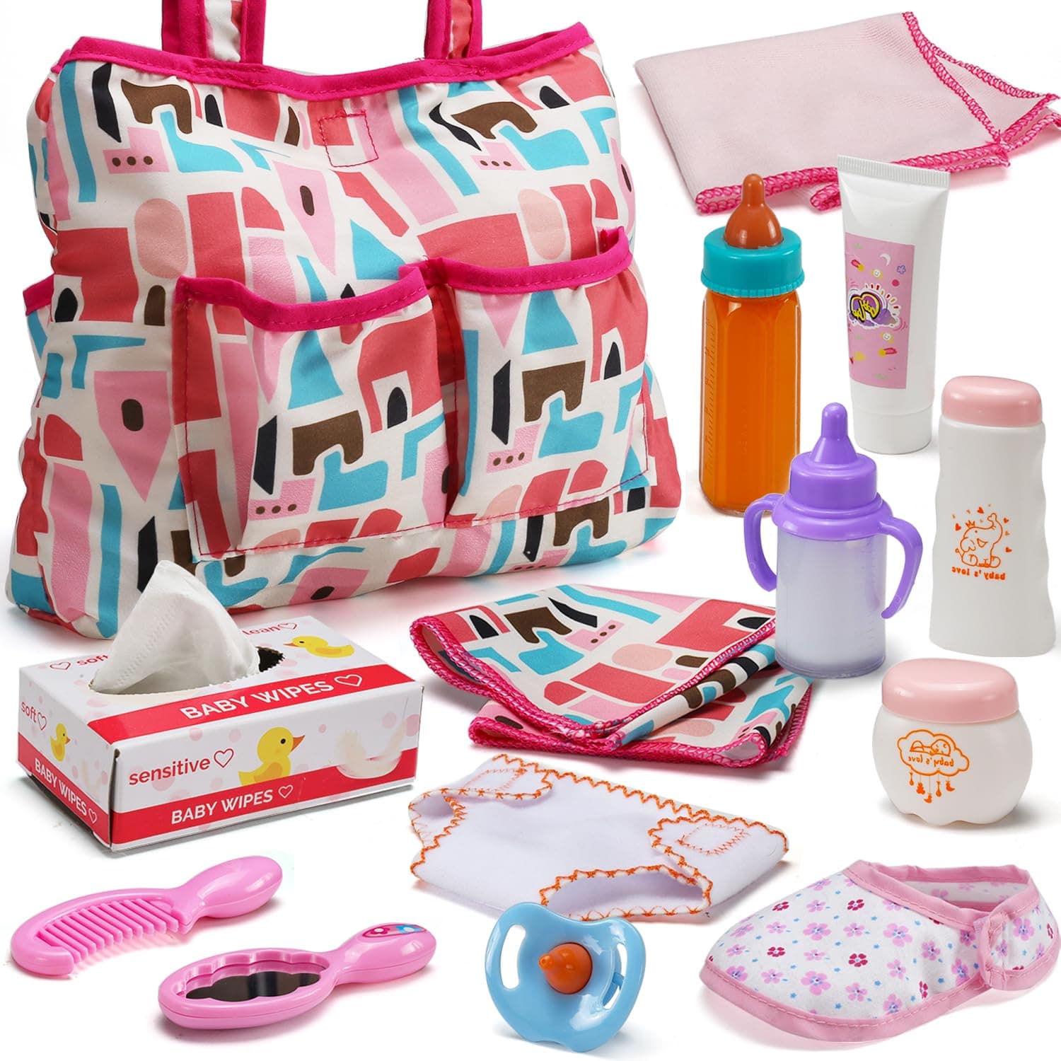 14 Pack Baby Doll Accessories, Baby Doll Feeding and Caring Set Includes Diaper Bag, Doll Diapers, Magic Bottle, Changing Mat for Girl Toddler Kid, Babies Pretend Play Set