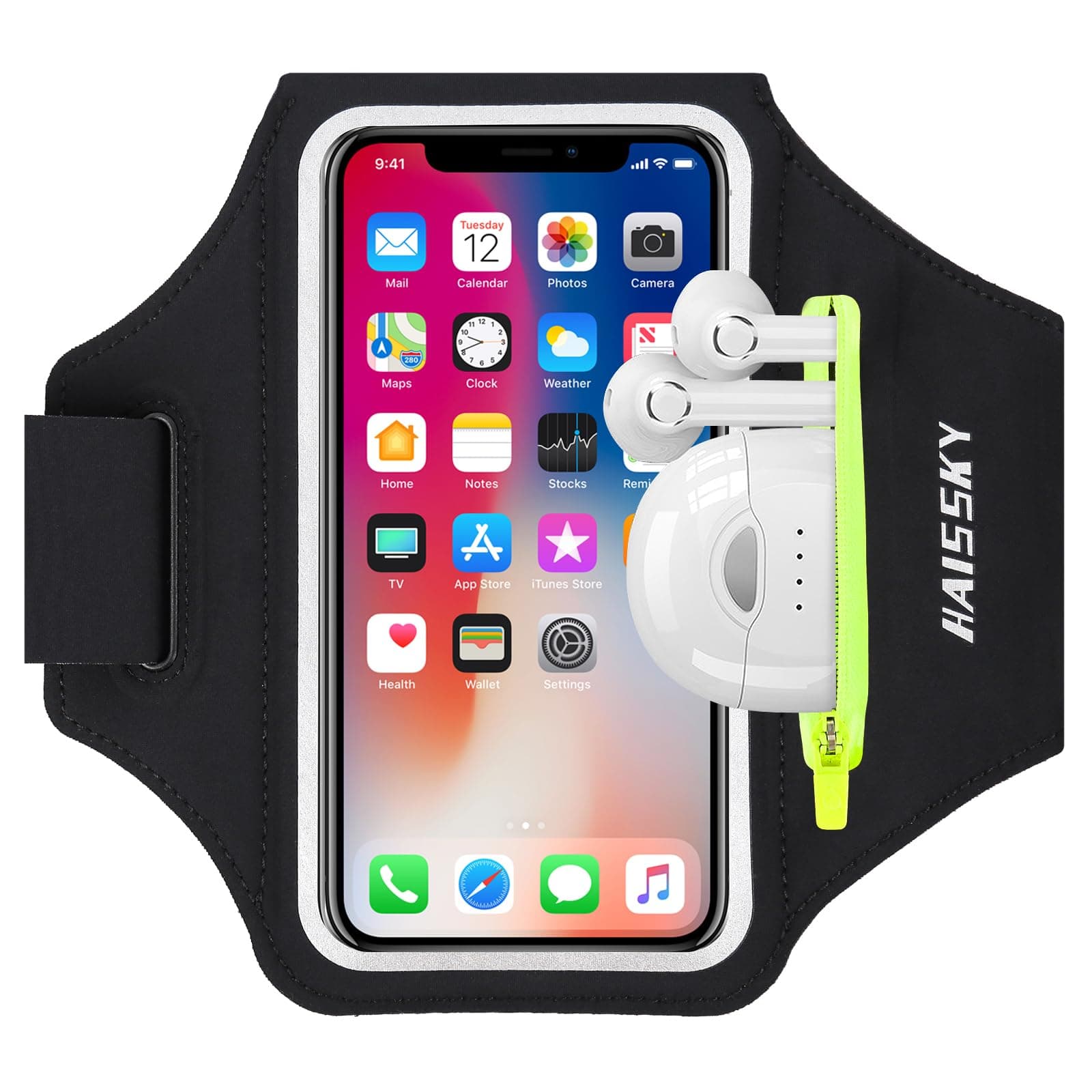 HAISSKY Running Armband with Earbuds Bag Running Phone Holder for iPhone 17 Pro Max/16 Pro/15 Pro Max/14/13 Pro/12/11 Plus Sports Arm Phone Holder with Zipper Pocket for Phones up to 6.9"