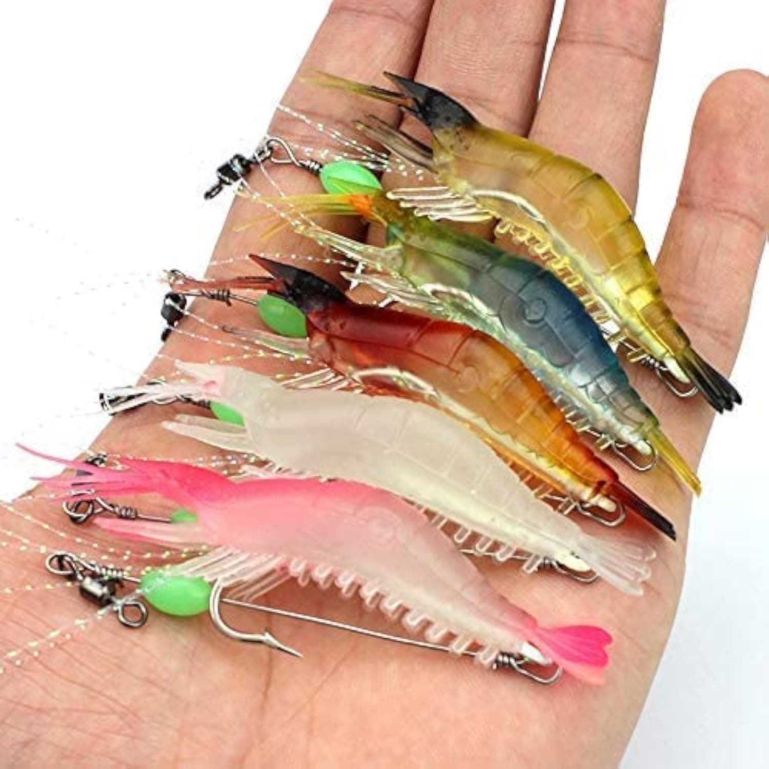 OriGlam 5pcs Soft Luminous Shrimp Lure Set, 5 Colors Shrimp Bait with Hooks and Beads - Fishing Tackles for Freshwater and Saltwater Bass, Trout, Catfish, Salmon