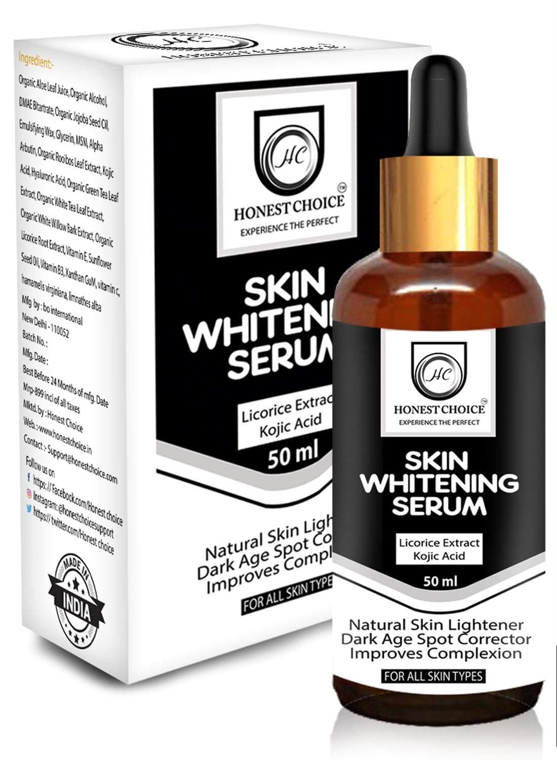 Skin Lightening Whitening Brightening and Intimate Serum with Kojic Acid for Body, Face, Neck, Bikini, Sensitive Areas and All Skin Types Dark Spot Corrected (50 ml)