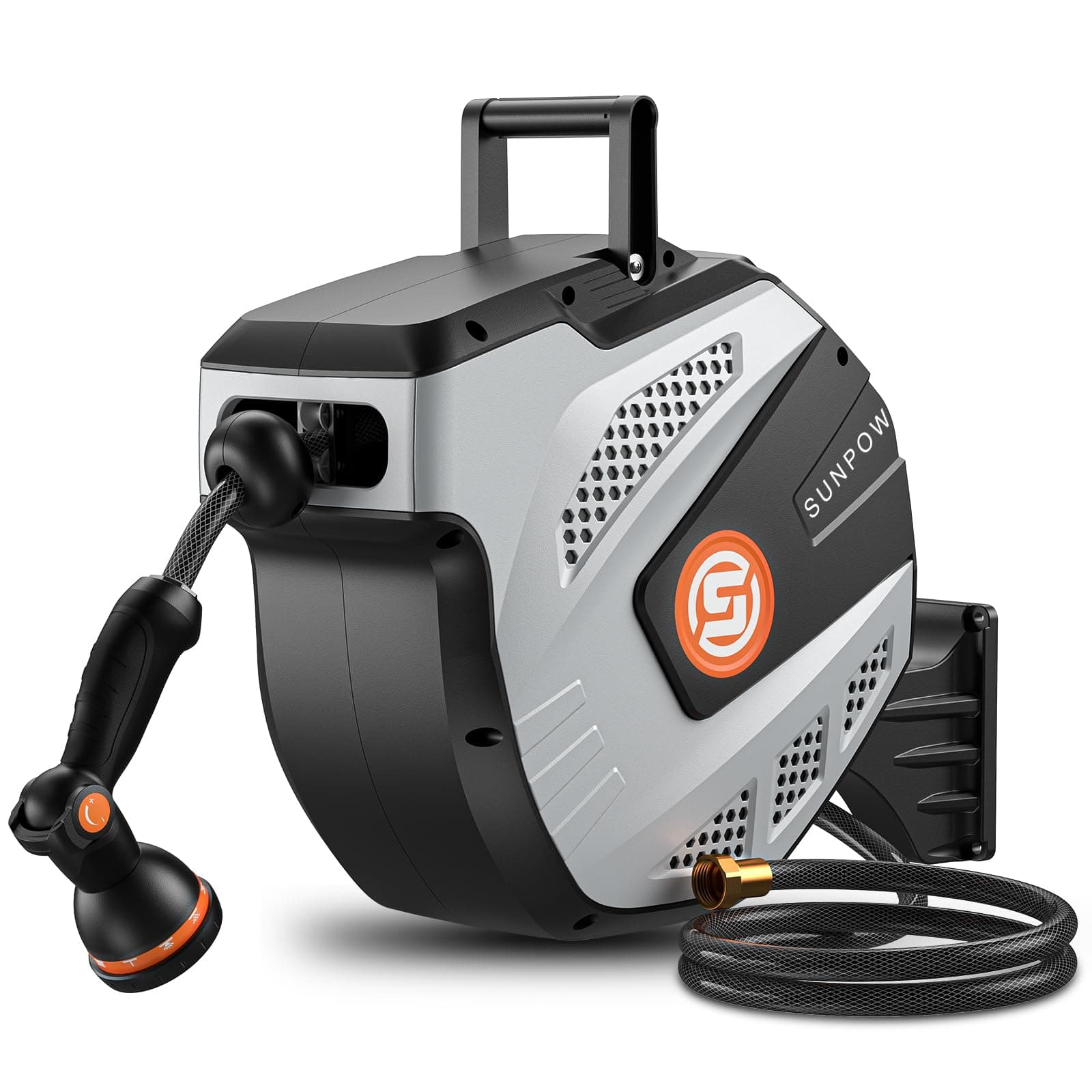 Retractable Garden Hose Reel - 1/2 inch x 50ft Wall Mounted Hose Reel with 3/4 inch Brass Fitting & 10 Function Sprayer Nozzle - Any Length Lock, Auto Rewind System, 180°Swivel Bracket - Grey