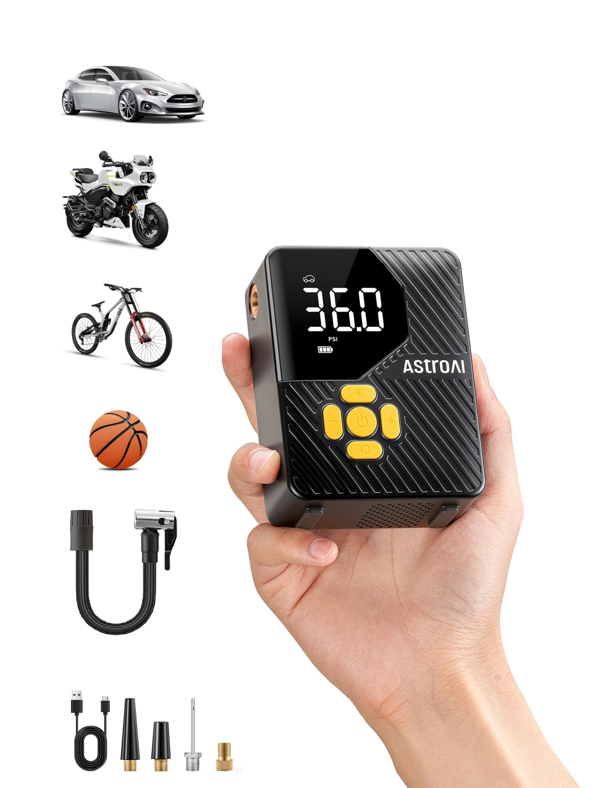 Car Tyre Inflator Air Compressor, Rechargeable Portable Electric Bike Pump 150 PSI with 4+N Mode Preset, Quick Connect Presta and Schrader Adapter Tyre Pump for Car Bike Motorcycle