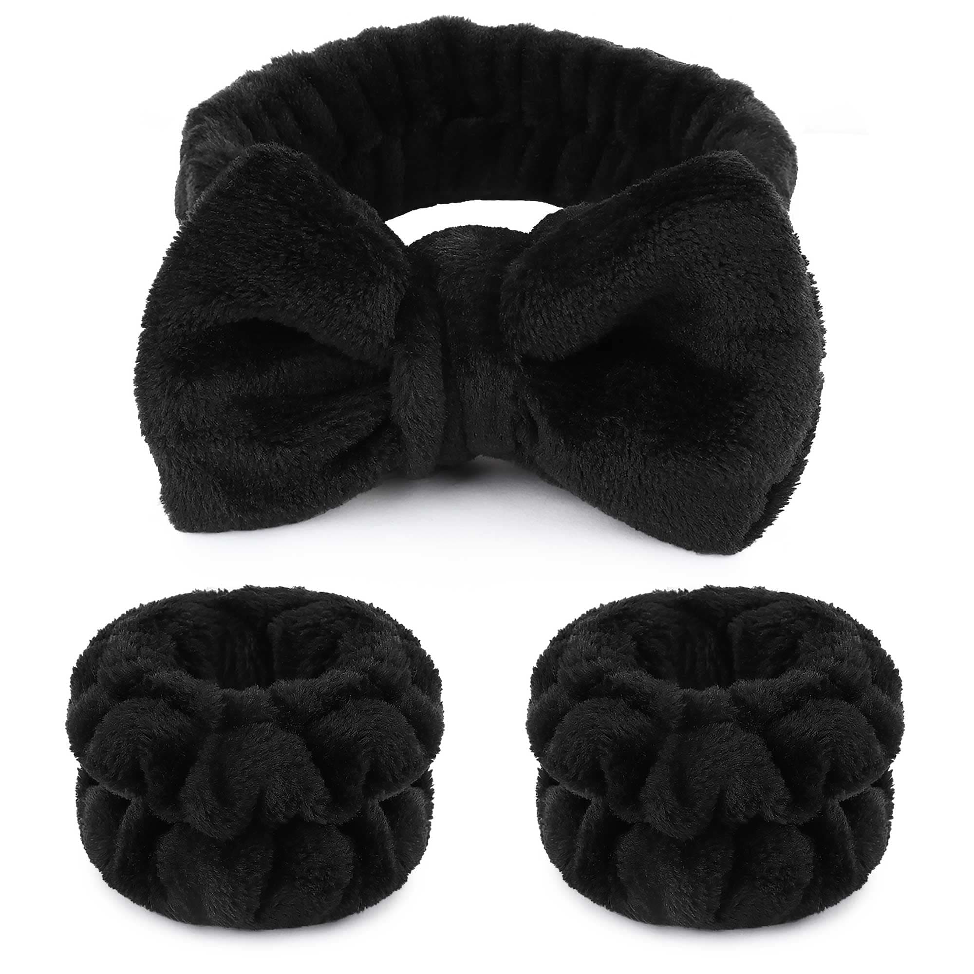 WSYUB Makeup Headbands, 1pcs Black Spa Headband Fluffy Bow Tie Headband Microfiber Face, and 2Pcs Wrist Spa Wash Band Absorbent Wristbands, for Washing Face Skin Care