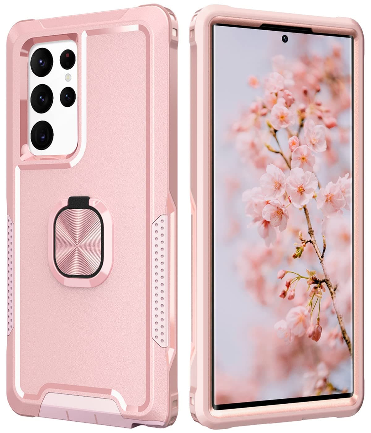 Petocase for Galaxy S22 Ultra Case Heavy Duty Full Body Shockproof Kickstand with 360°Ring Holder Support Car Mount Hybrid Bumper Silicone Hard Back Cover for Samsung S22 Ultra 6.8" Rose Gold