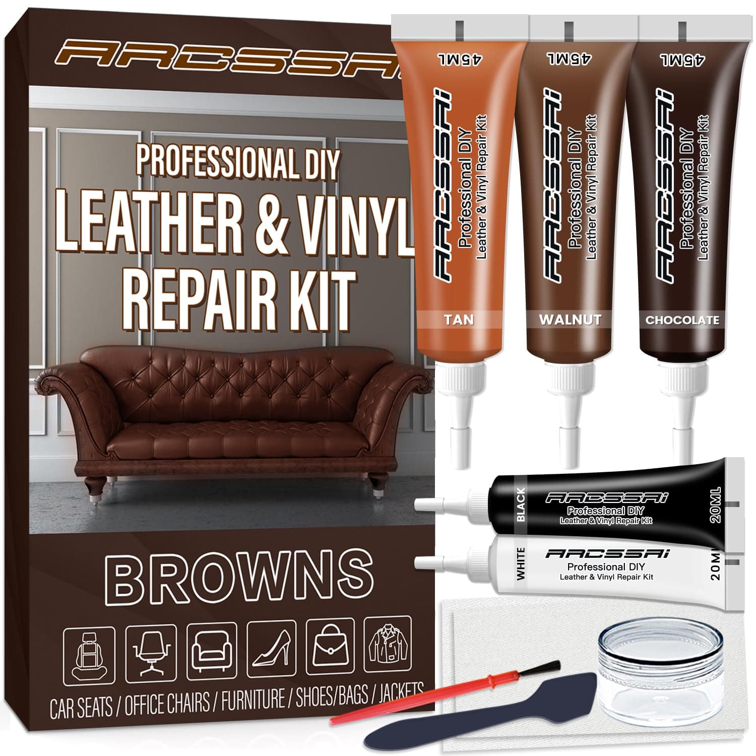 ARCSSAI ARCSSAL Brown Leather Repair Kit for Furniture, Leather Couch Repair Kit for Sofa, Jacket, Car Seats and Purse with Super Easy Instructions, Restores Any Material, Bonded, Pleather, Genuine