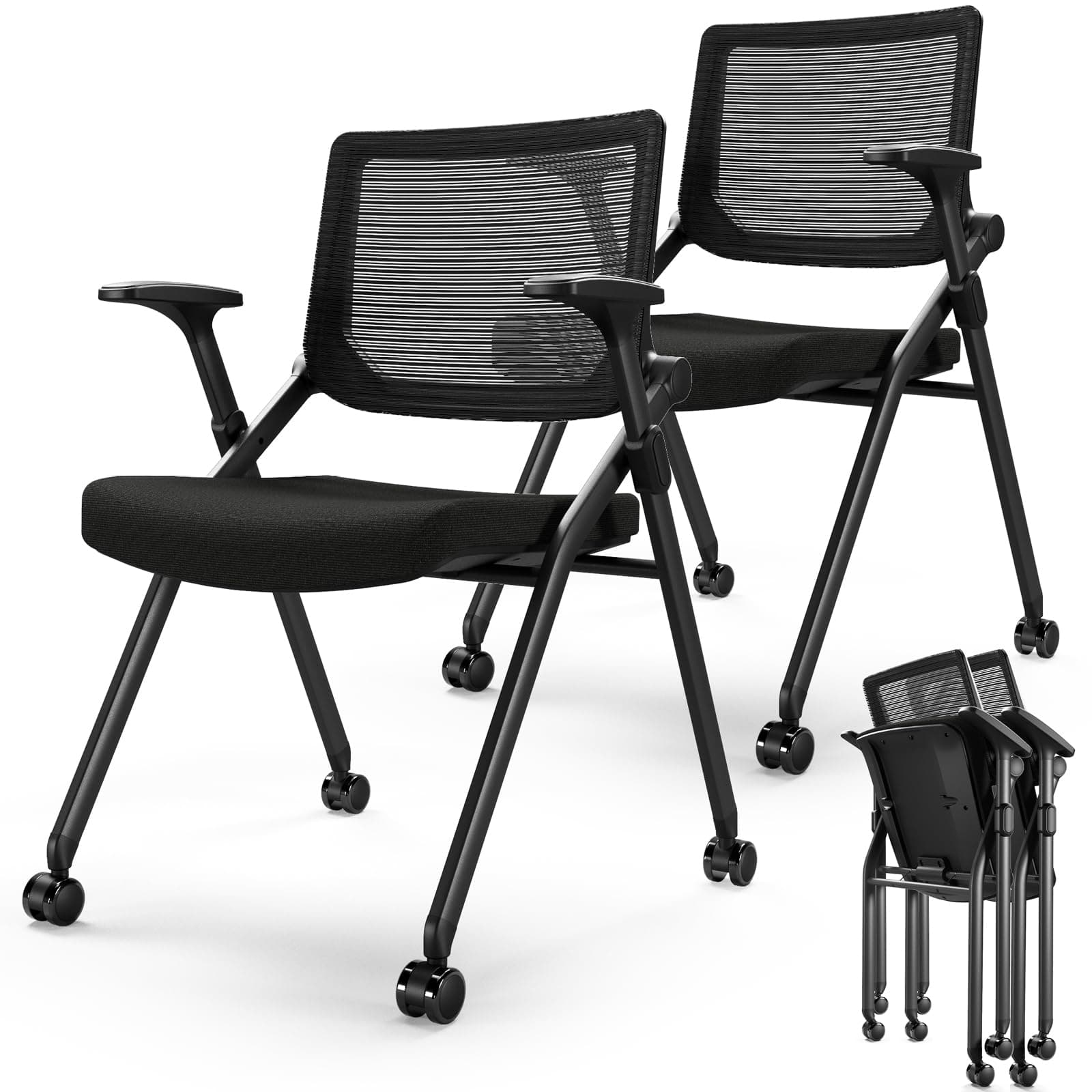 FYLICA Foldable Office Chair Set of 2 with PU Wheels Ergonomic Mesh Bouncing Back, Stackable Conference Room Chair, Office Guest & Reception & Meeting Chair (Black)
