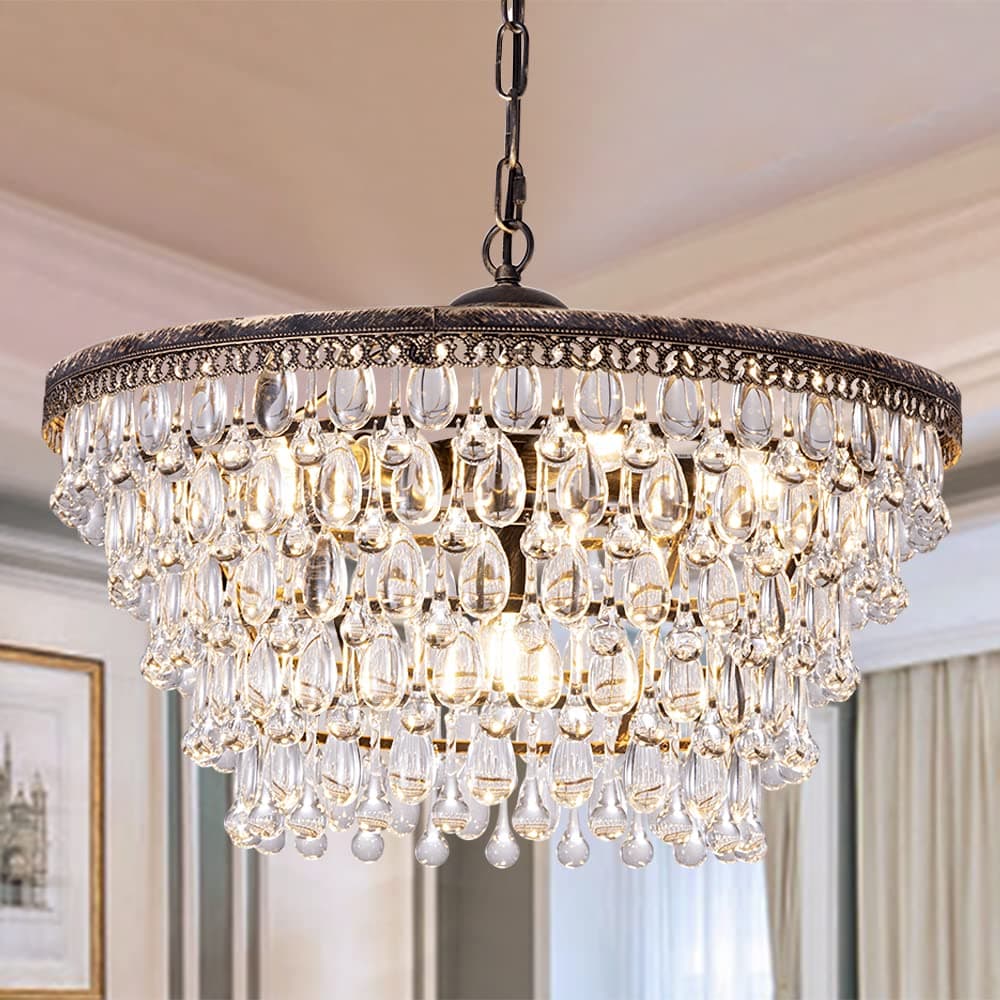 Wellmet Crystal Chandelier, 6-Light 5 Tiers Farmhouse Bronze Ceiling Lighting Fixture, Modern Foyer Dining Room Chandeliers for Bedroom, Hallway, Bar, Kitchen, W20-inch