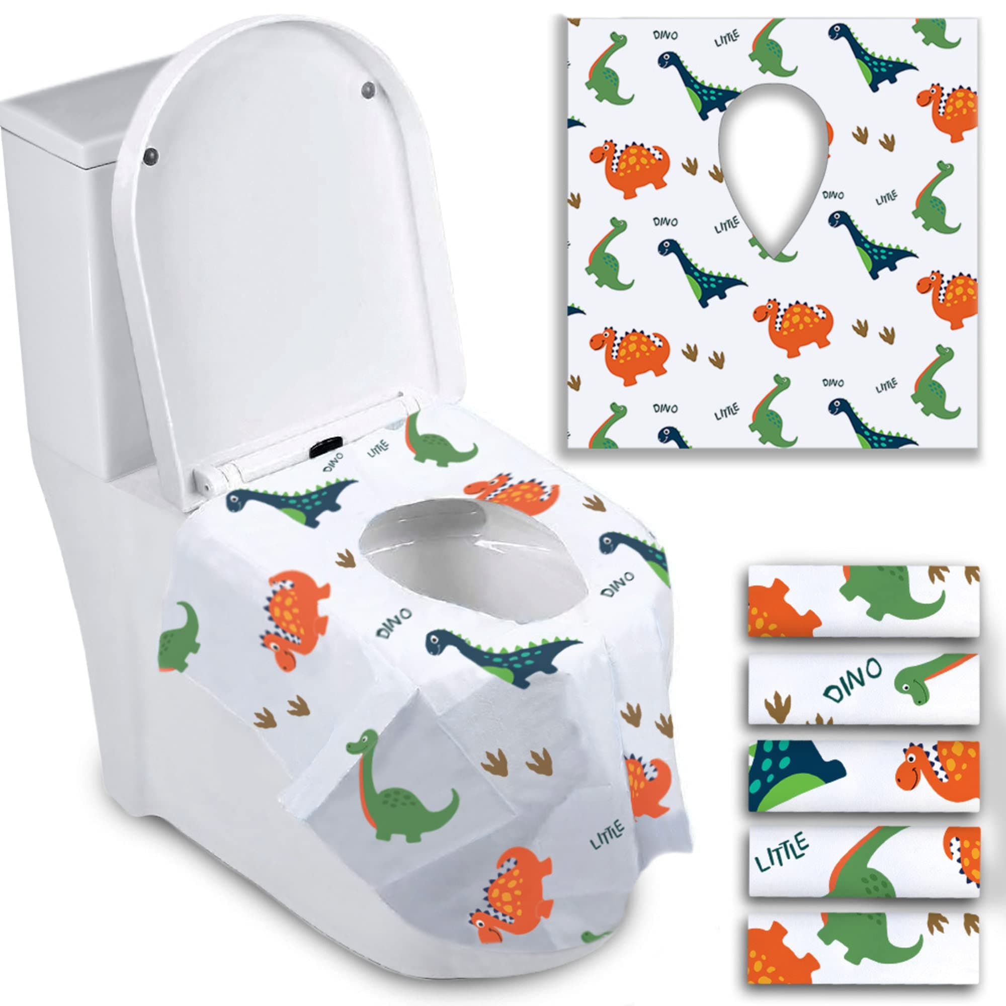 ATHENA FUTURES Disposable Toilet Seat Covers for Toddlers, Extra Large Individually Wrapped Paper Potty Training Liners for Kids, Portable, Flushable w/Non-Slip Adhesive, Airplane & Travel - Dinosaur
