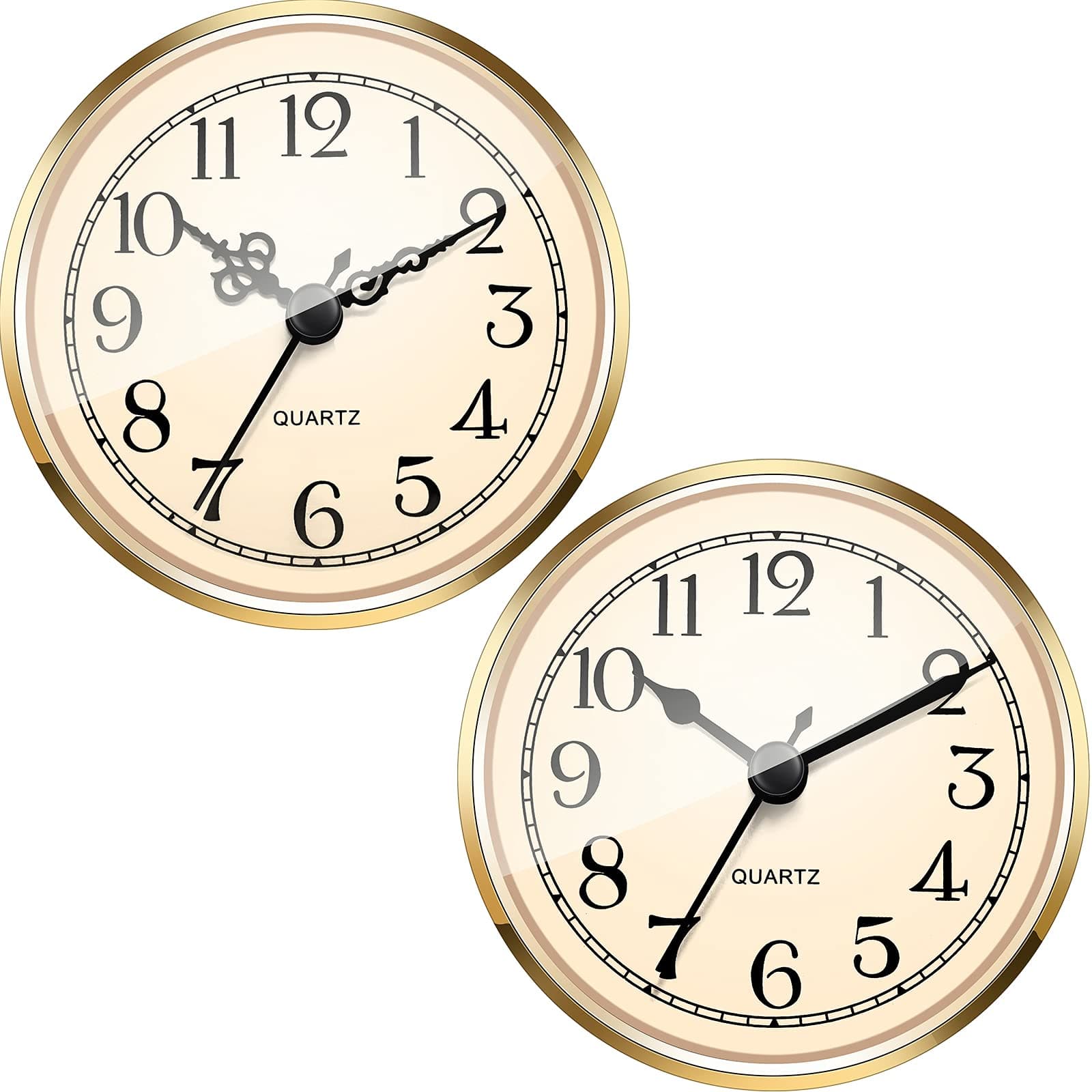 Outus 2 Pack 3-1/2 Inch (90 mm) Quartz Movement Clock Fit-up/Insert with Gold Trim and Arabic Numeral, Gold Face