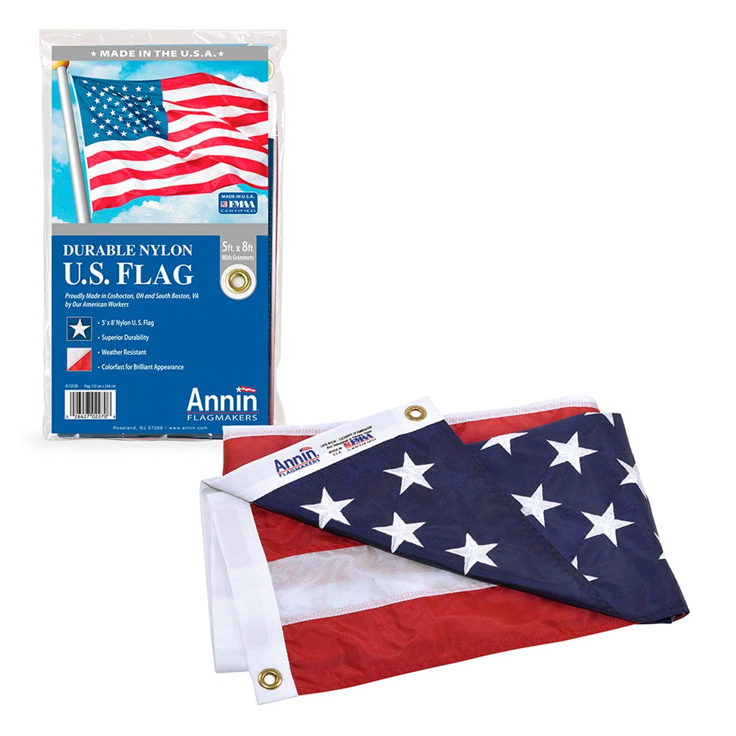 Annin Flagmakers American Flag Nylon SolarGuard Nyl-Glo, 100% Made in USA with Sewn Stripes, Embroidered Stars and Brass Grommets.