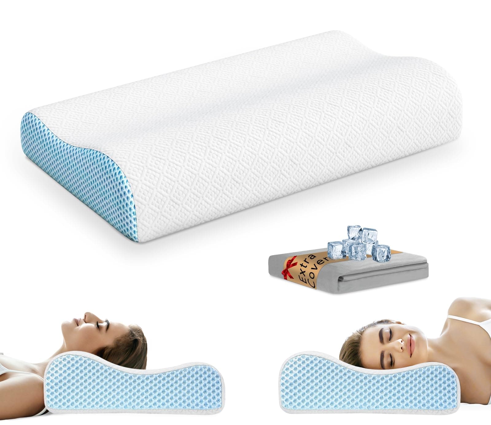 Memory Foam Pillow with Replacement Pillowcase(Cooling Ice Silk&Cotton),Neck/Shoulder Pain Relief,Ergonomic Orthopedic Cervical Pillow,Neck Contoured Bed Pillow for Side,Back,Stomach Sleepers