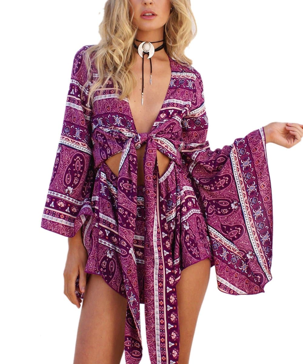 AELSONWomen's Boho V Neck Print Romper Playsuit With Long Flare Sleeves
