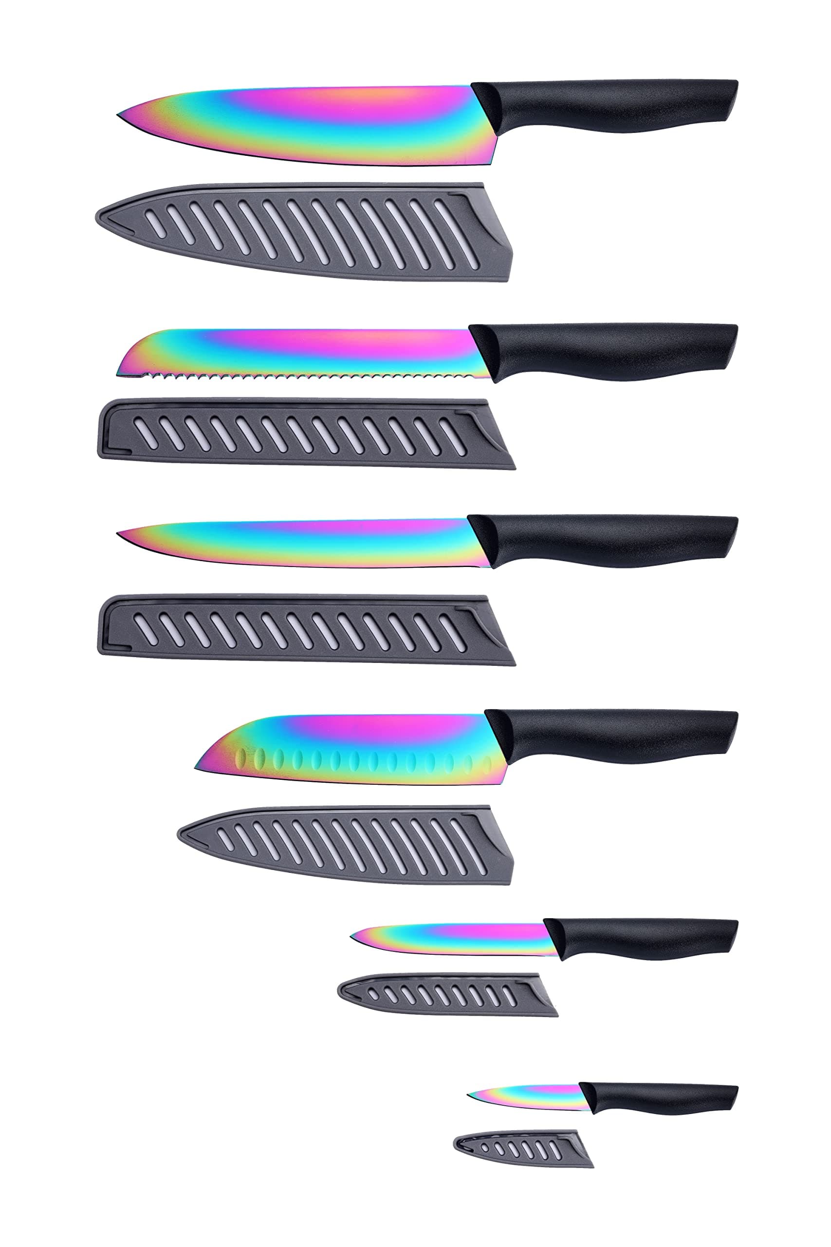 Marco Almond Kitchen Knife Set, KYA36 12-Piece Rainbow Color Stainless Steel Chef Boxed Knives Set for Kitchen with Covers, 6 Knives with 6 Blade Guards, Black
