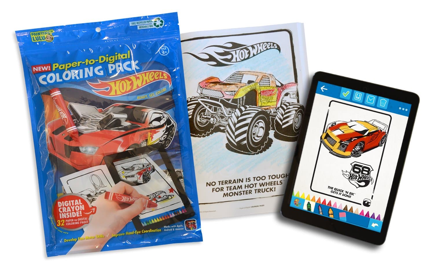 Hot Wheels Coloring Book Pack - 32 Paper-to-Digital Coloring Pages With Digital Crayon Stylus & Coloring App