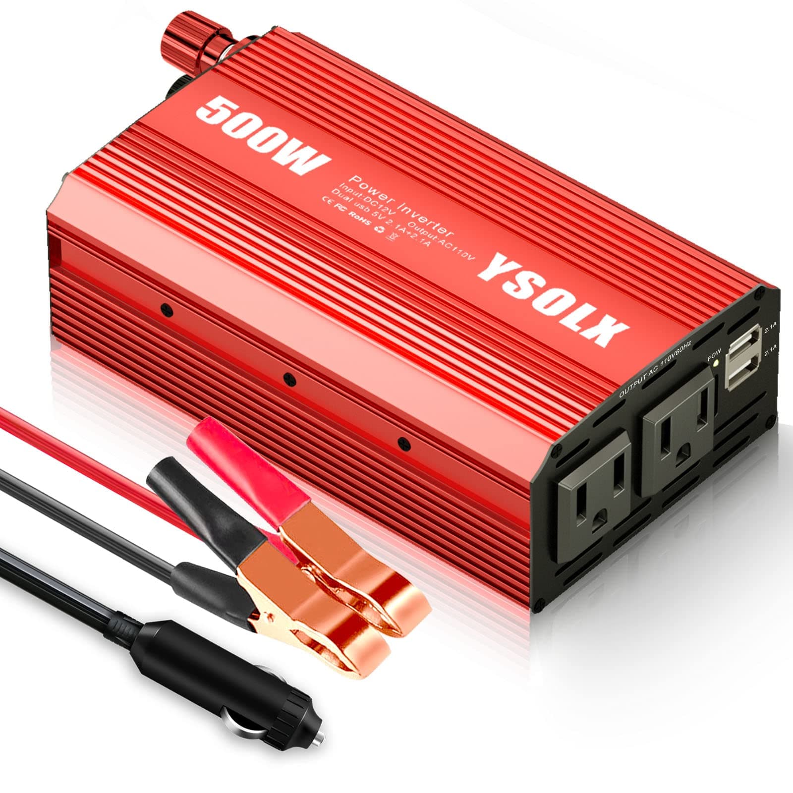 YSOLX 500W Power Inverter 12V to 110V for Vehicles with Dual Fast Charging 24W USB and 2 AC Outlets, Ideal for Road Trips, Camping, and Vehicle Power Needs