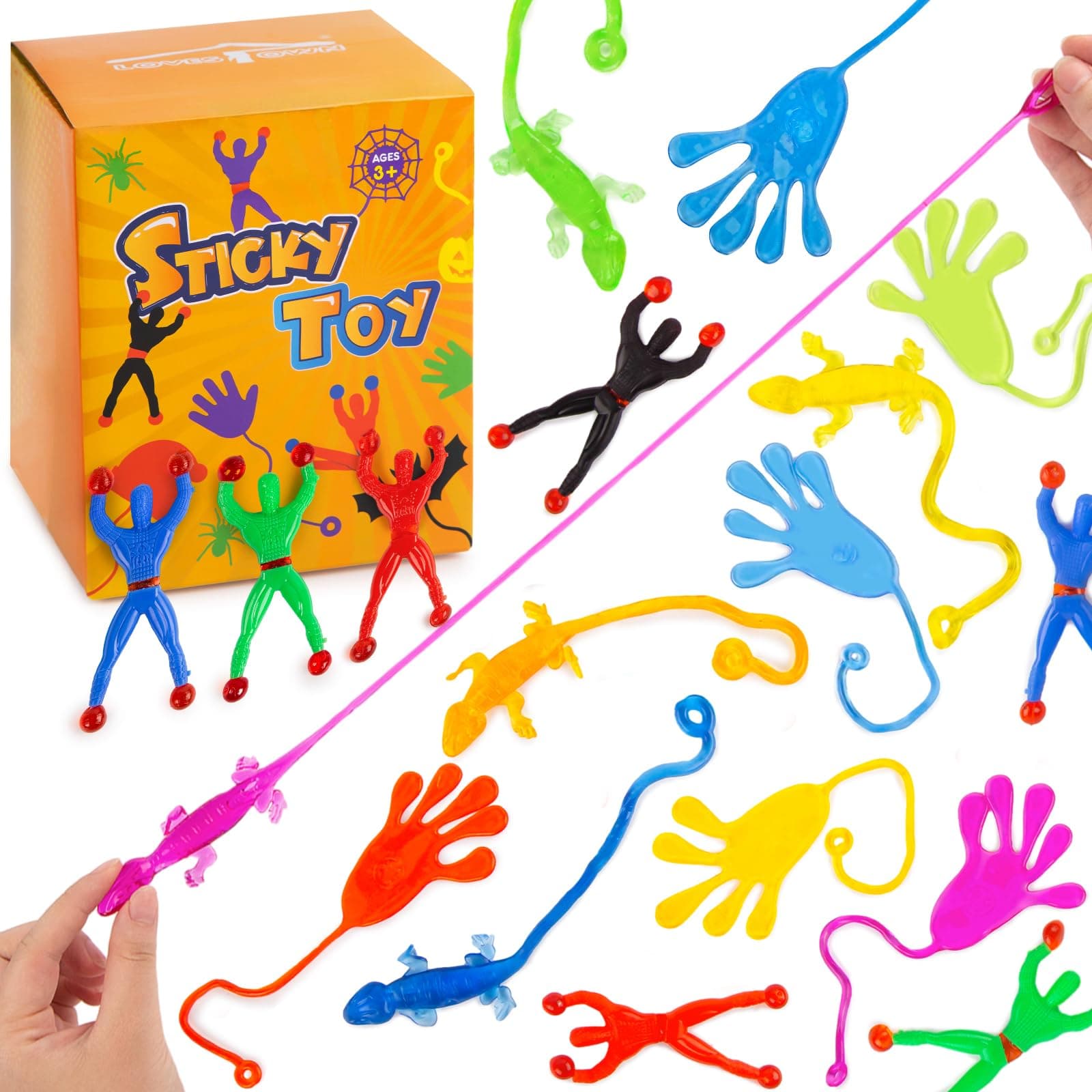 LovesTown 48PCS Sticky Toys for Kids, Including 16PCS Wall Climbers 16PCS Sticky Hands 16PCS Stretchy Lizards for Easter Hunt Party Favor Basket Stuffers Filler, Classroom Exchange Gift