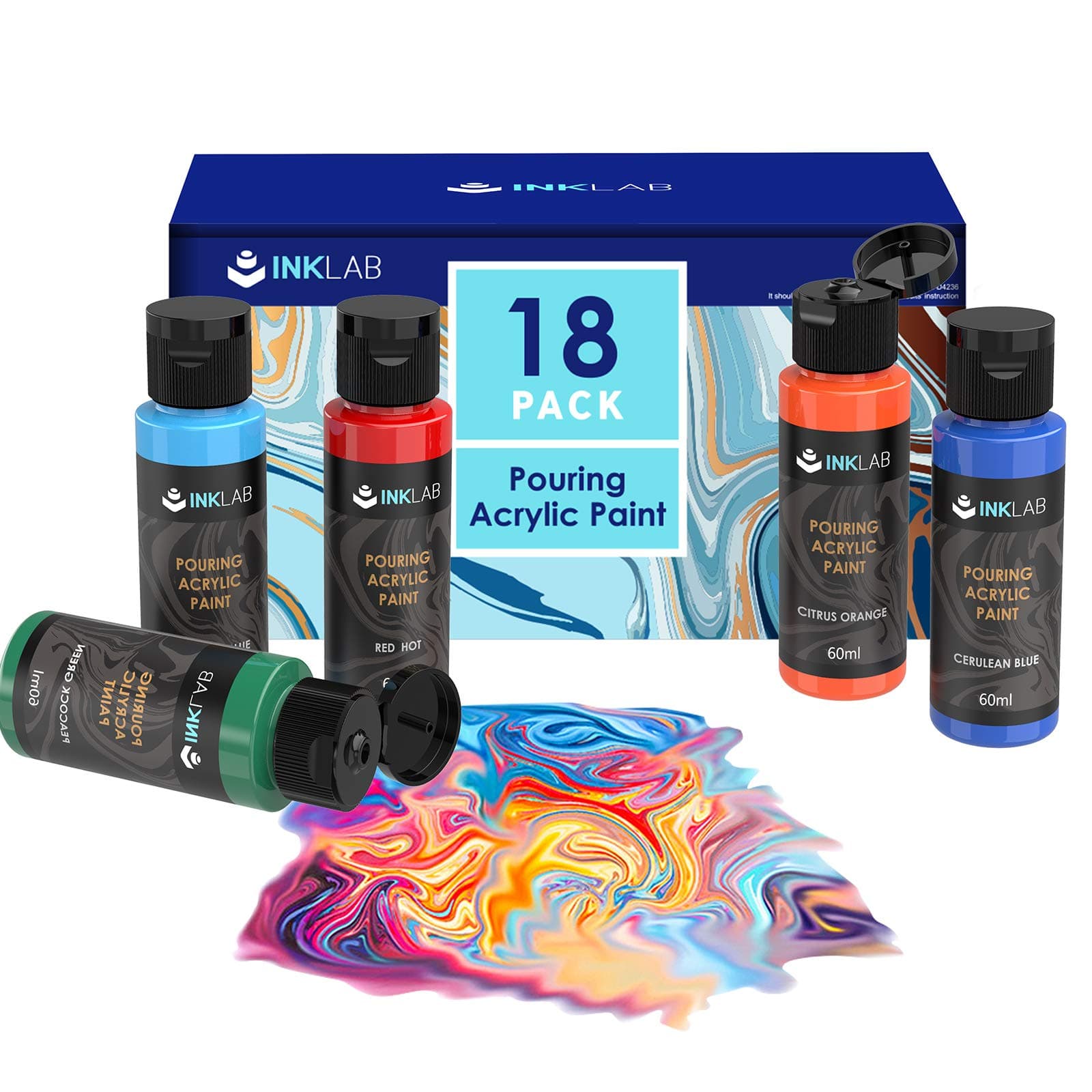 INK LAB Acrylic Pouring Paint Kit 18 Colors Acrylic Paint Pre Mixed for Pouring on Canvas Wood Crafts Tiles Rocks Painting, Water Based, 2 Oz/Bottle