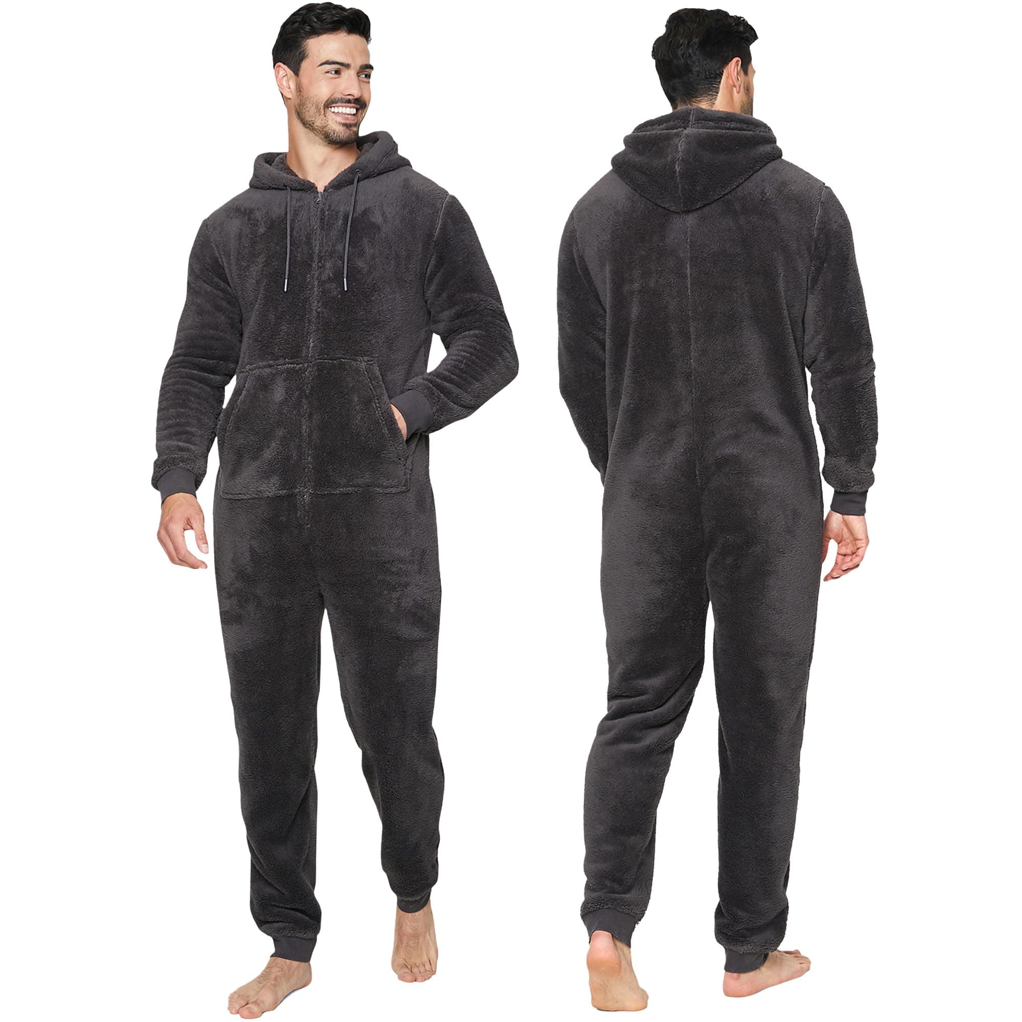 Mens Plain Onesie Adult jumpsuit Warm Hooded Fleece All-in-One Zip Onesie Jumpsuit Pyjamas Men's Nightwear Loungewear Snuggle One Piece Pyjamas Long Sleeves Stitch Onesie Adult UK Sizes S-XXL