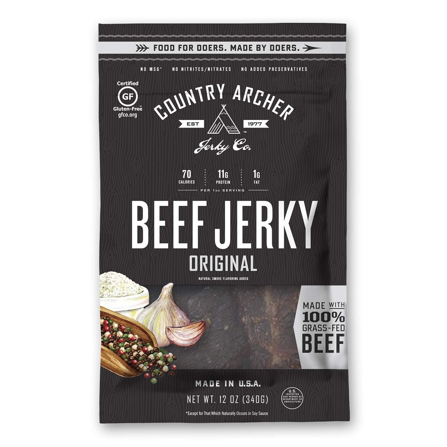 Original Beef Jerky by Country Archer, 100% Grass-Fed, Gluten Free, 12 Ounce