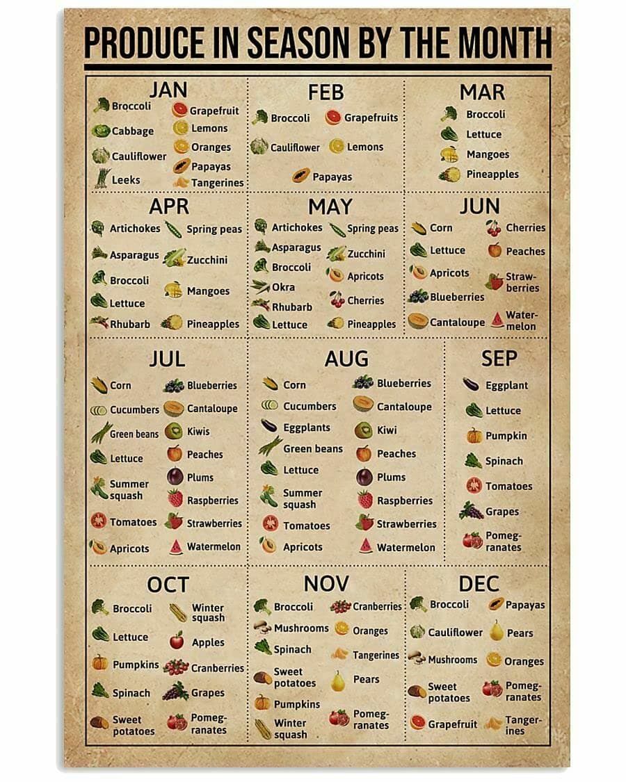 HOUVSSEN Produce in Season by The Month Poster Knowledge Wall Décor Artwork Gift for Mom Chart Sign School Metal Tin Signs 8x12 Inch