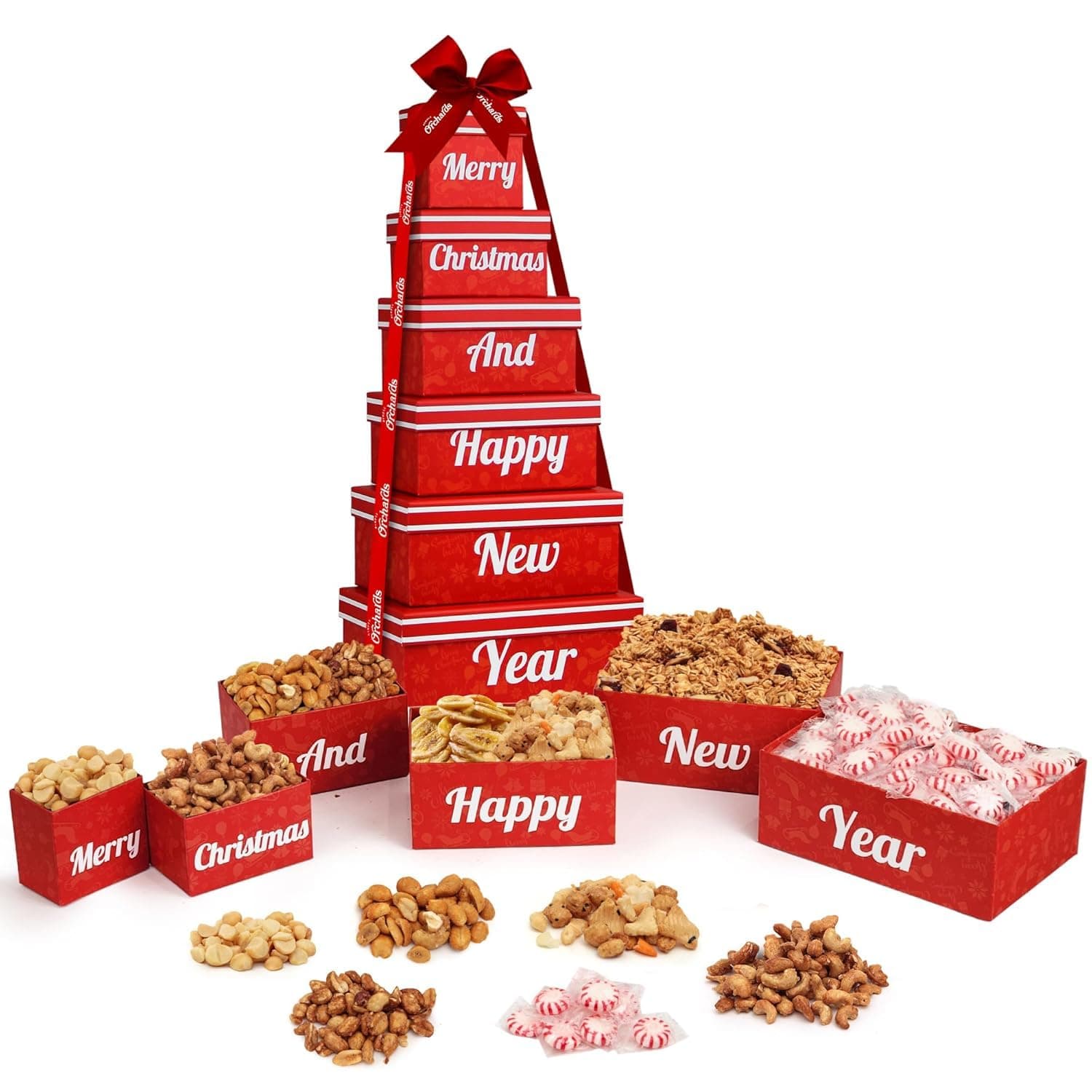 Merry Christmas and Happy New Year 6 Tier Indulgence Gift Basket Tower with Fresh Nuts and Snacks - Gourmet Food Gift for Men & Women. (Food Selection May Vary)