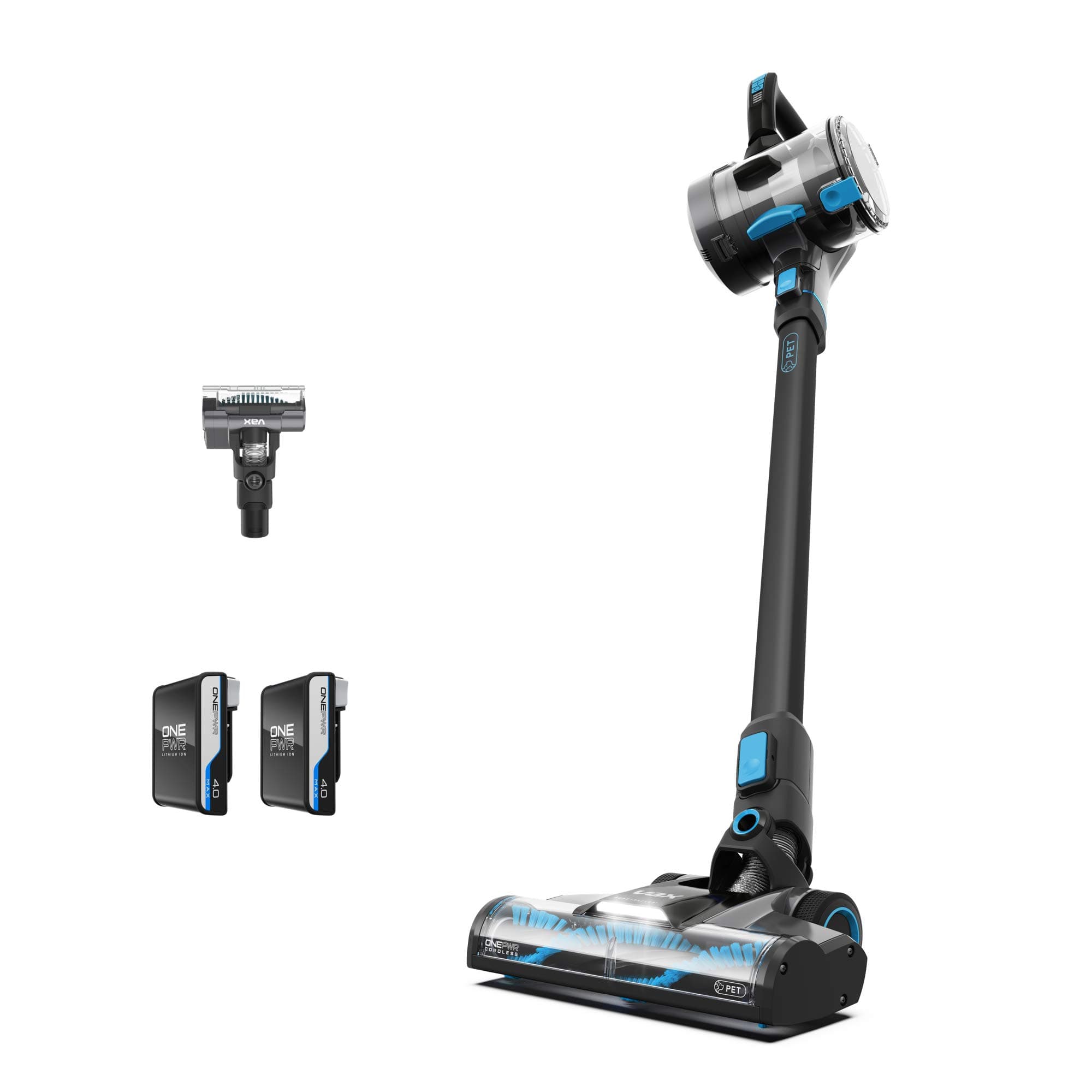 VaxONEPWR Blade 4 Pet Dual Battery Cordless Vacuum Cleaner with Motorised Pet Tool – CLSV-B4DP, Graphite/Cyan Blue