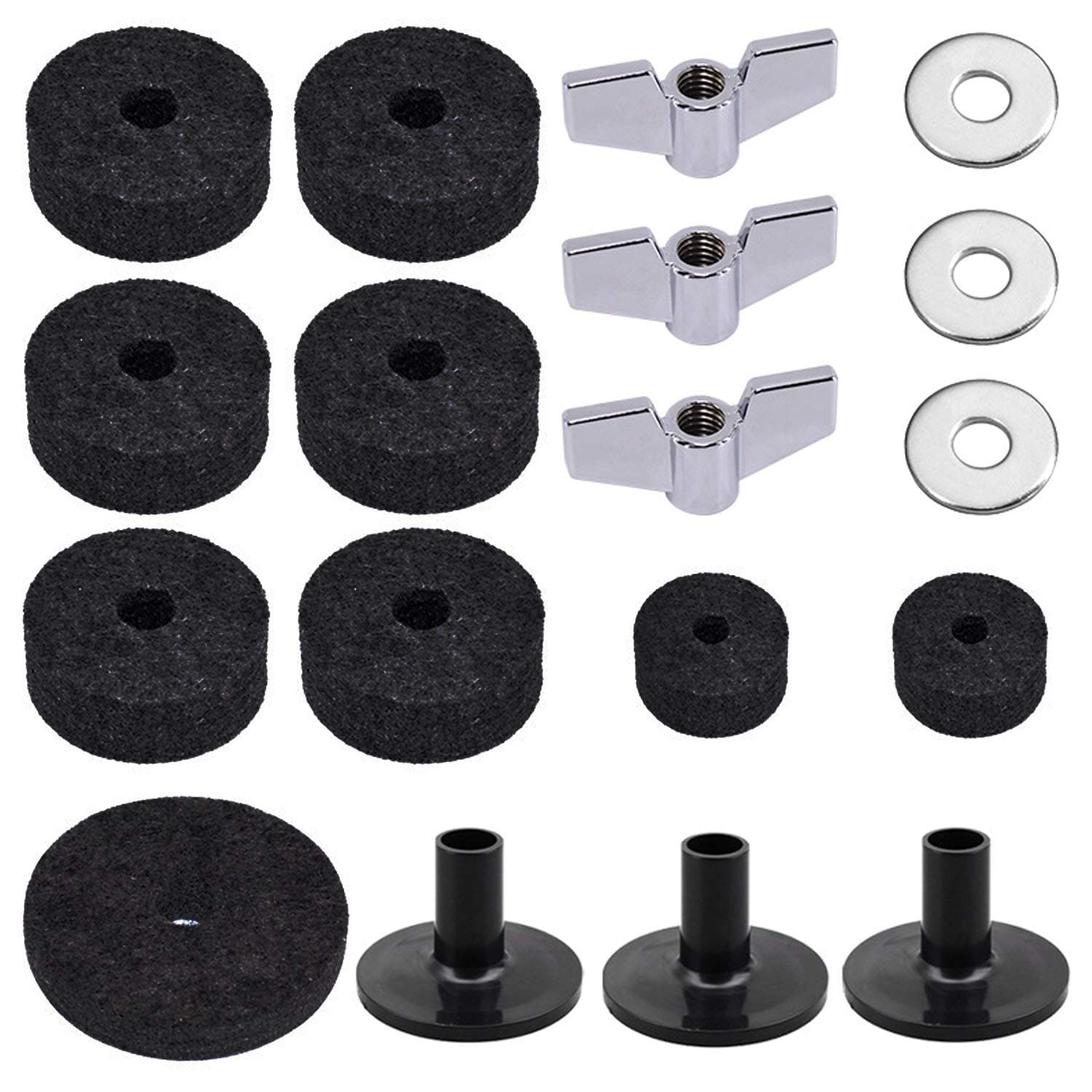 – 18-Pack Cymbal Replacement Accessory Kit - Cymbal felts, Hi-Hat clutch felts, Sleeves, Hi-Hat cup with base, Wing nuts, and Washer - Black