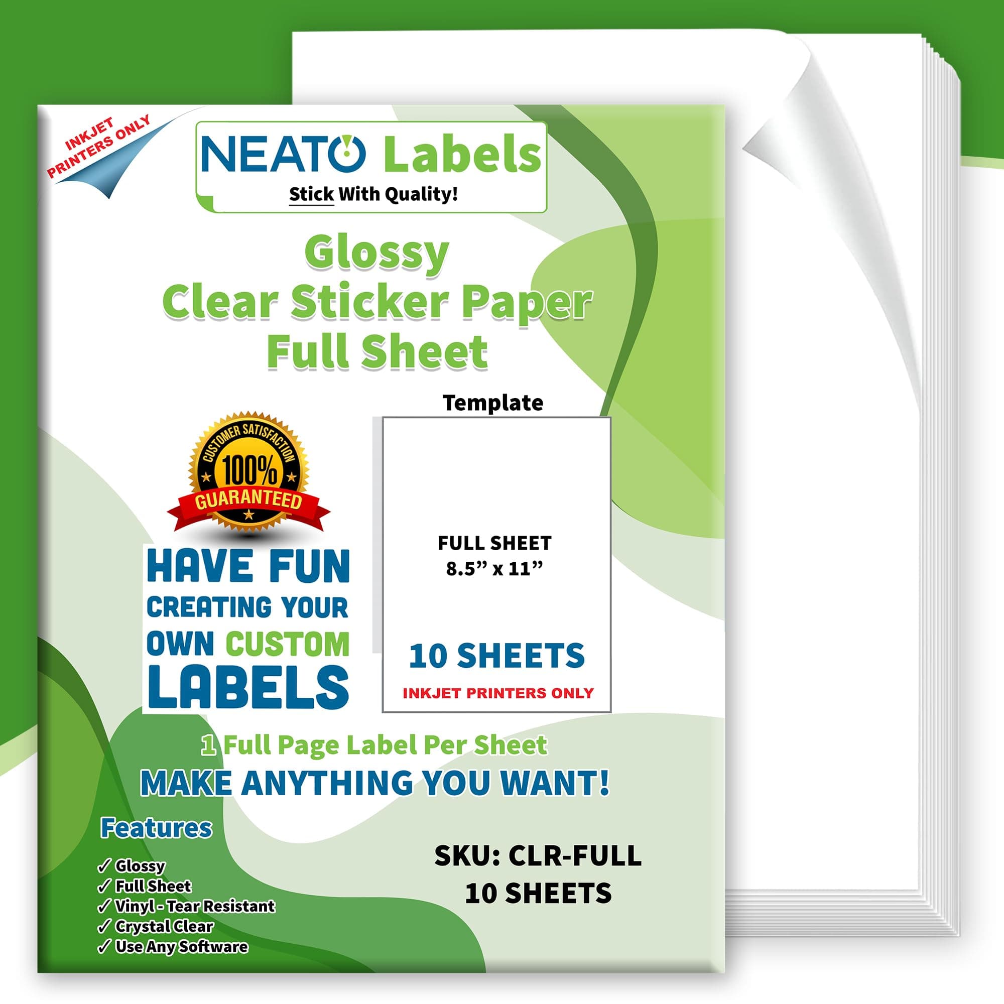 Printable Transparent Sticker Paper - 8.5" X 11" Blank Custom Label Sticker Sheets - 10 Clear Sheets - for Inkjet and Laser Printers - Weatherproof - Tear Resistant- Includes Online Design Software