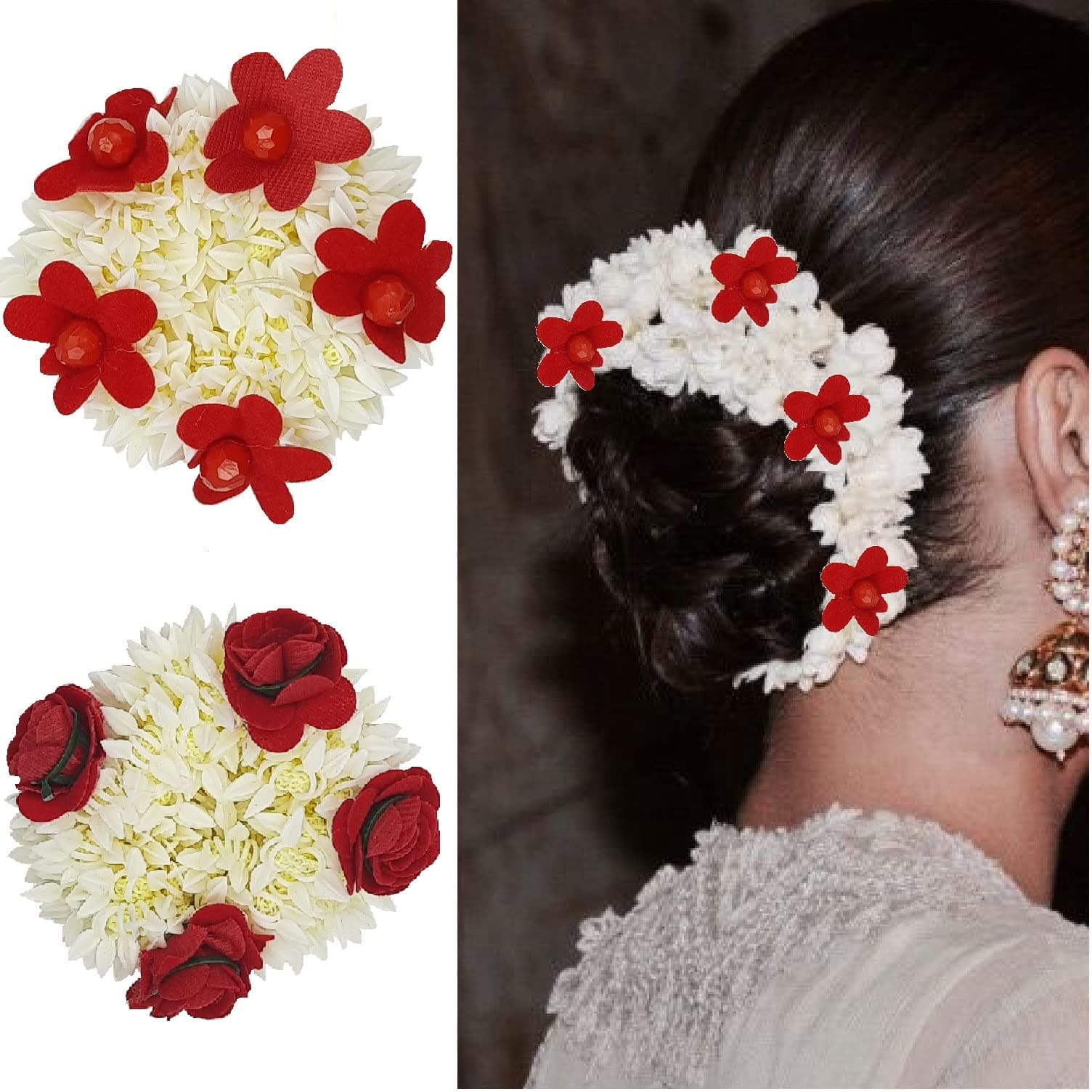 Karki Fusion Artificial Rose Mogra White Gajra Hair Accessories Rubber Band for Women (Pack of 2)(White with Red rose)
