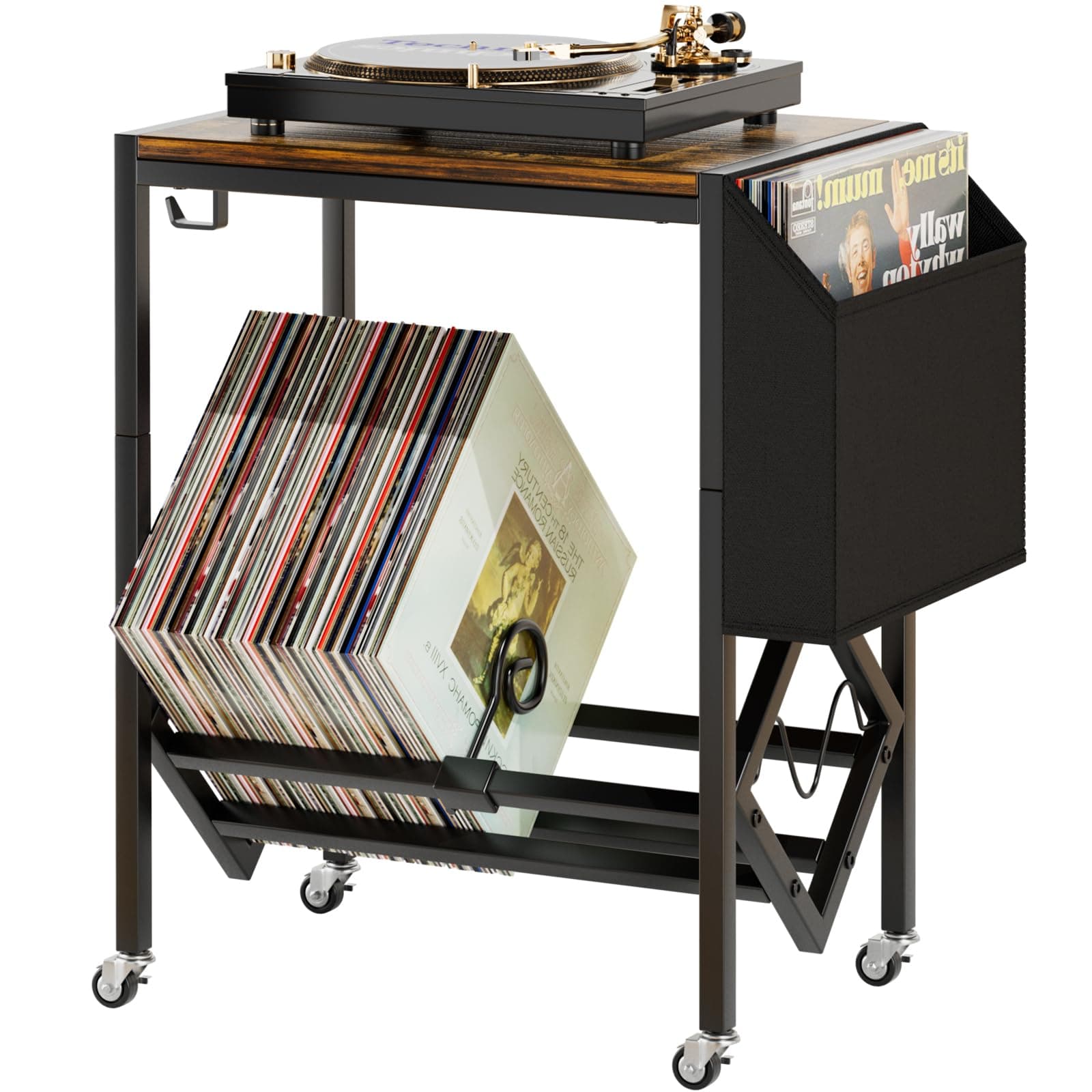 EKNITEY Vinyl Record Player Stand - Record Player Table with Storage Hold 80 Albums Turntable Stand with Organizer Pocket and Wheels
