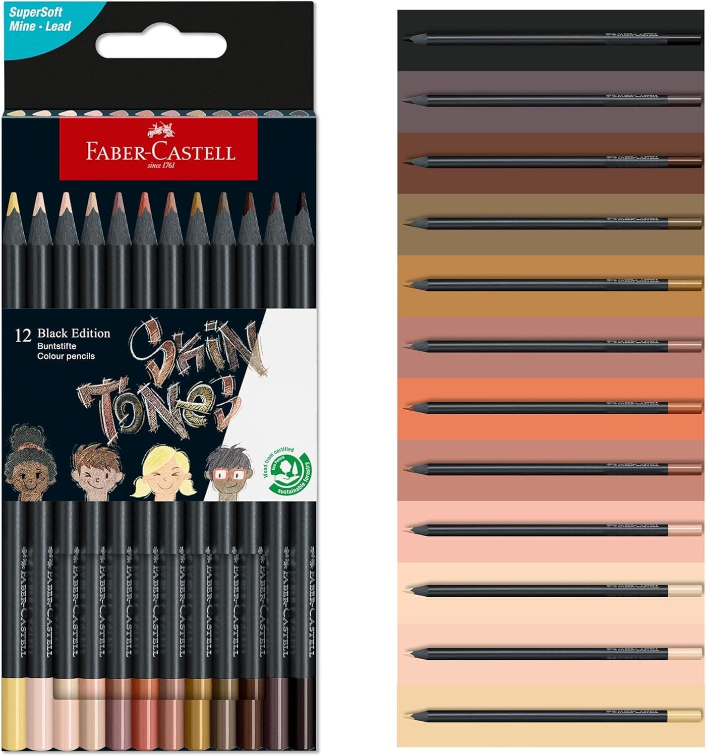 Black Edition Skin Tone Colored Pencils: 12 Count, Black Wood and Super Soft Core Lead, Skin Tone Colored Pencil Set, Coloring Pencils for Kids, and Beginners, Art Supplies for Teens