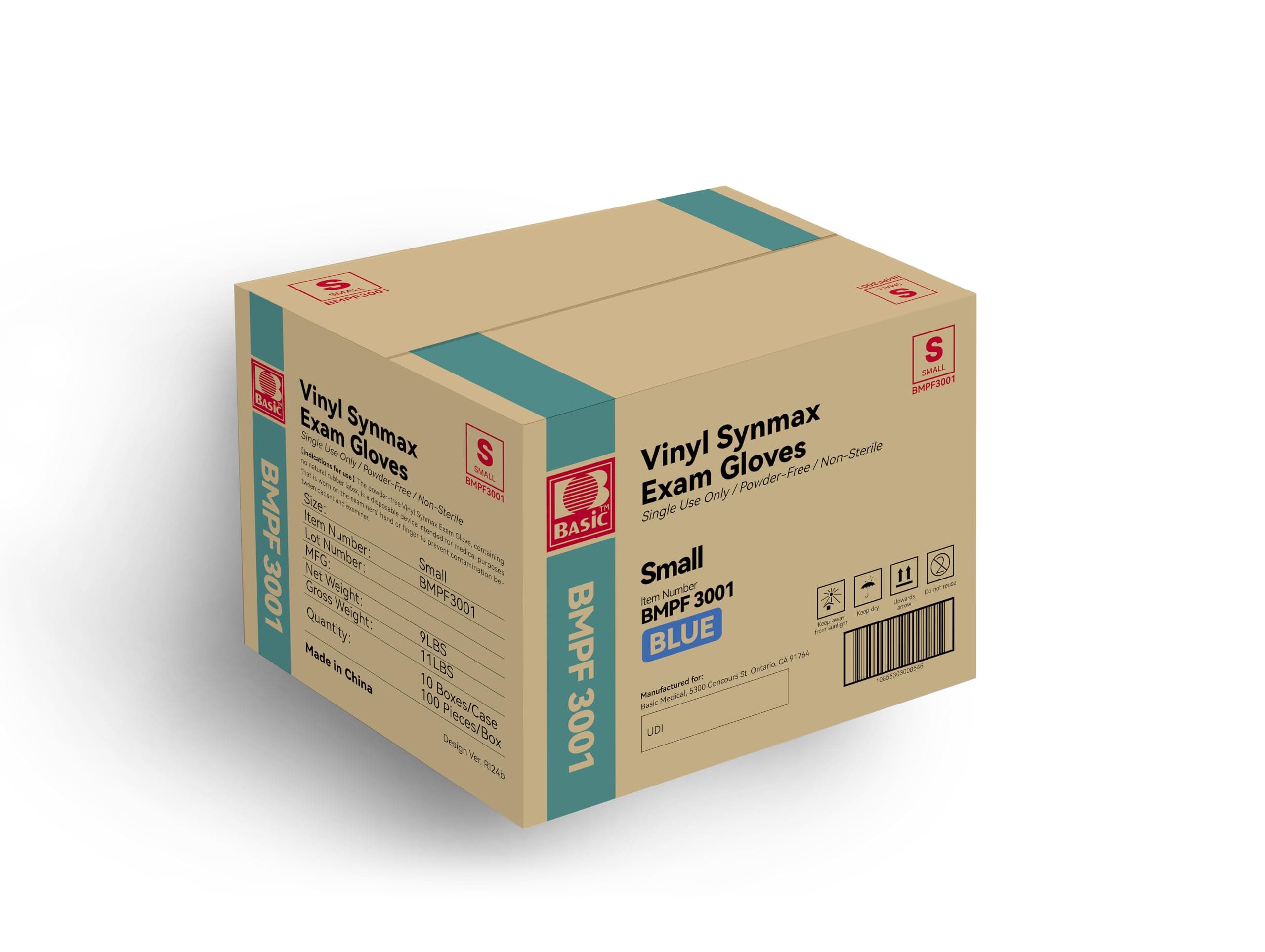 Basic Medical Synmax Vinyl Exam Gloves - Latex-Free & Powder-Free - Small, BMPF-3001(Small (Pack of 1000)),Blue