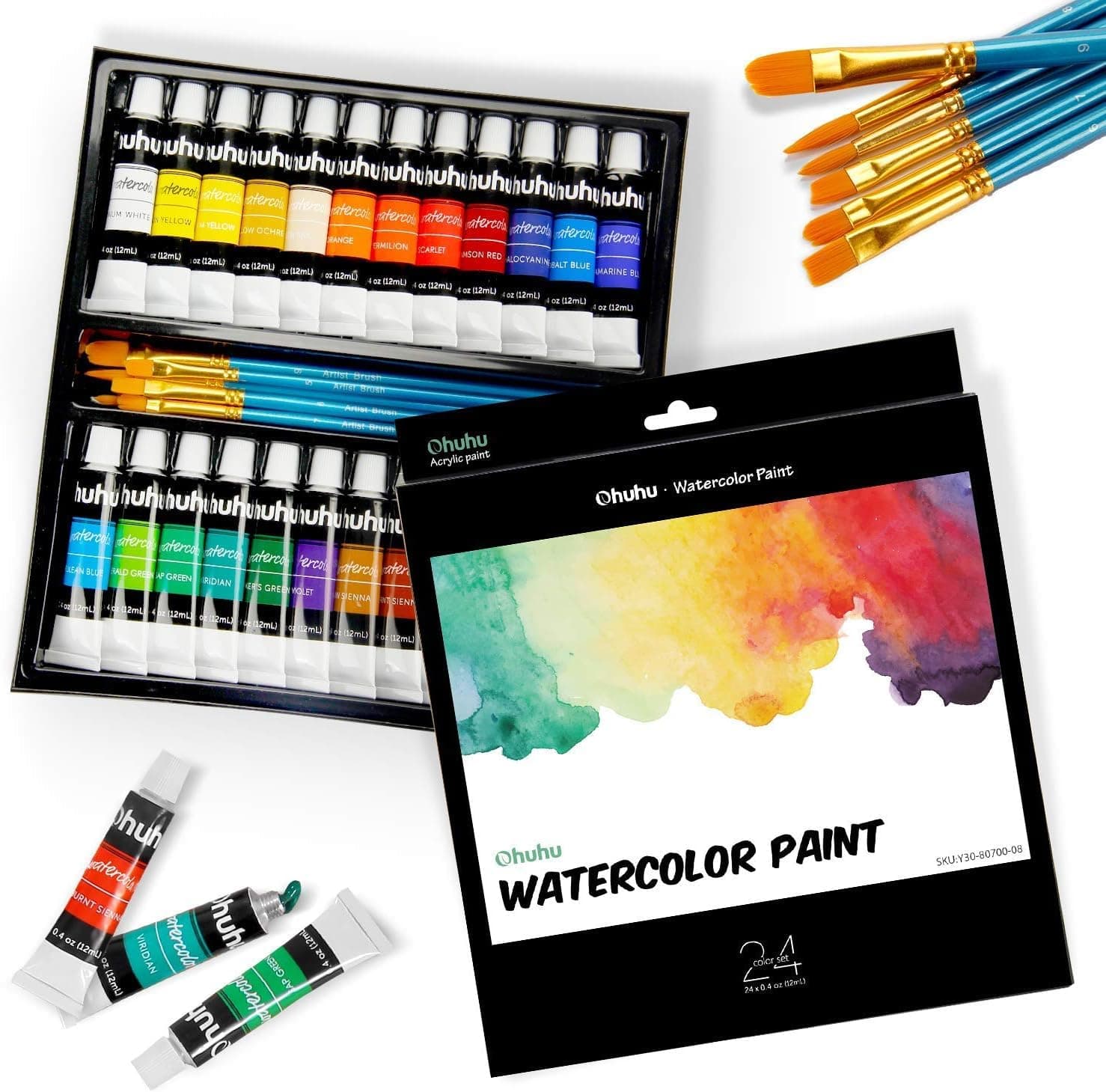 Ohuhu Watercolor Paint Set: 24 Colors Water Color Paints 12ml 0.42oz with 6 Paint Brushes, Watercolor Painting Set for Adults Beginners Professional