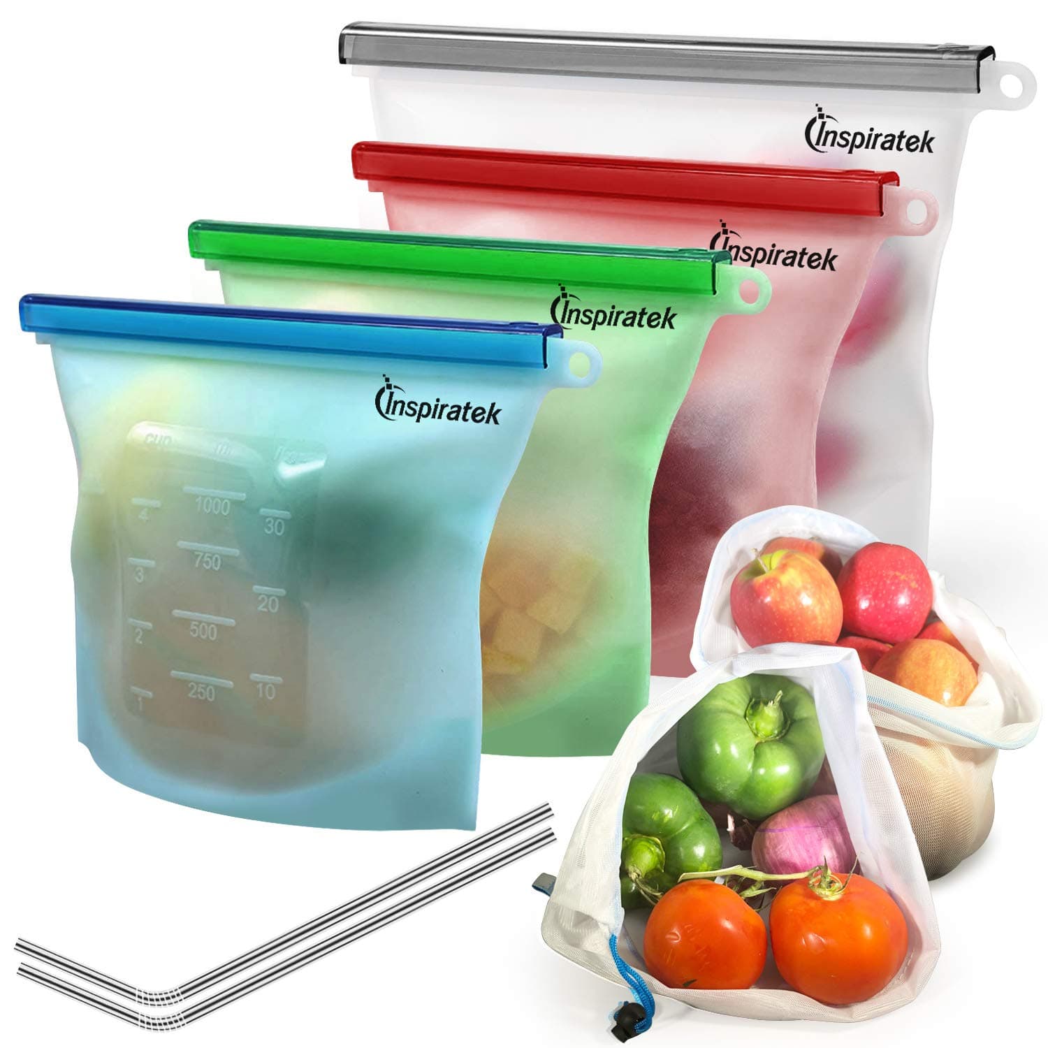 Reusable Silicone Food Bags (Large and Small, Set of 4) + Bonus Stainless Steel Straws & Produce Storage Bags - Insulated Plastic Lunch Bag - Baggies for Sandwich, Kids, Snack, Freezer Dishwasher Safe