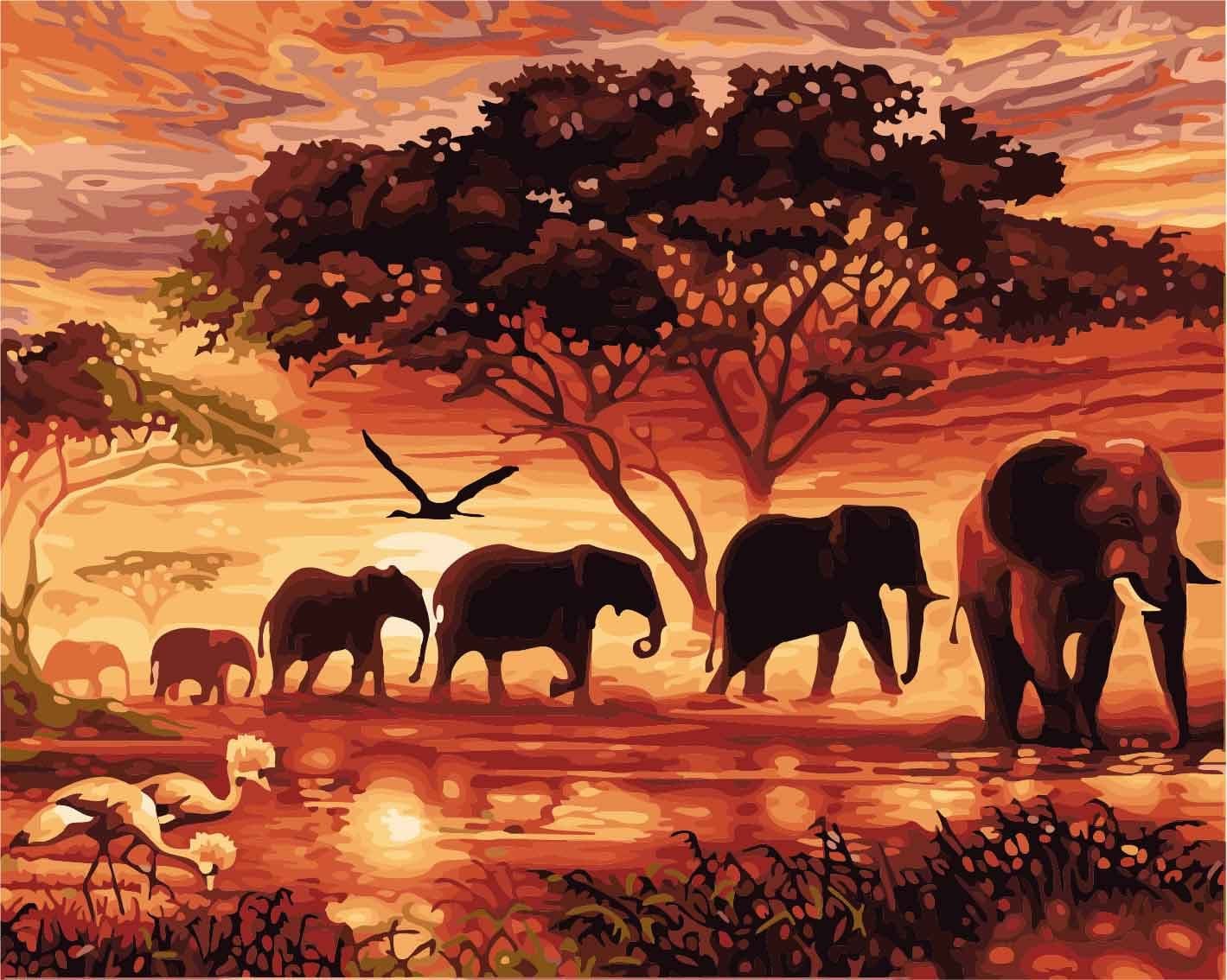 CaptainCrafts New DIY Paint by Numbers 16x20 for Adults Beginner kit, oil Painting LINEN Canvas - Dawn Forest Elephant Family