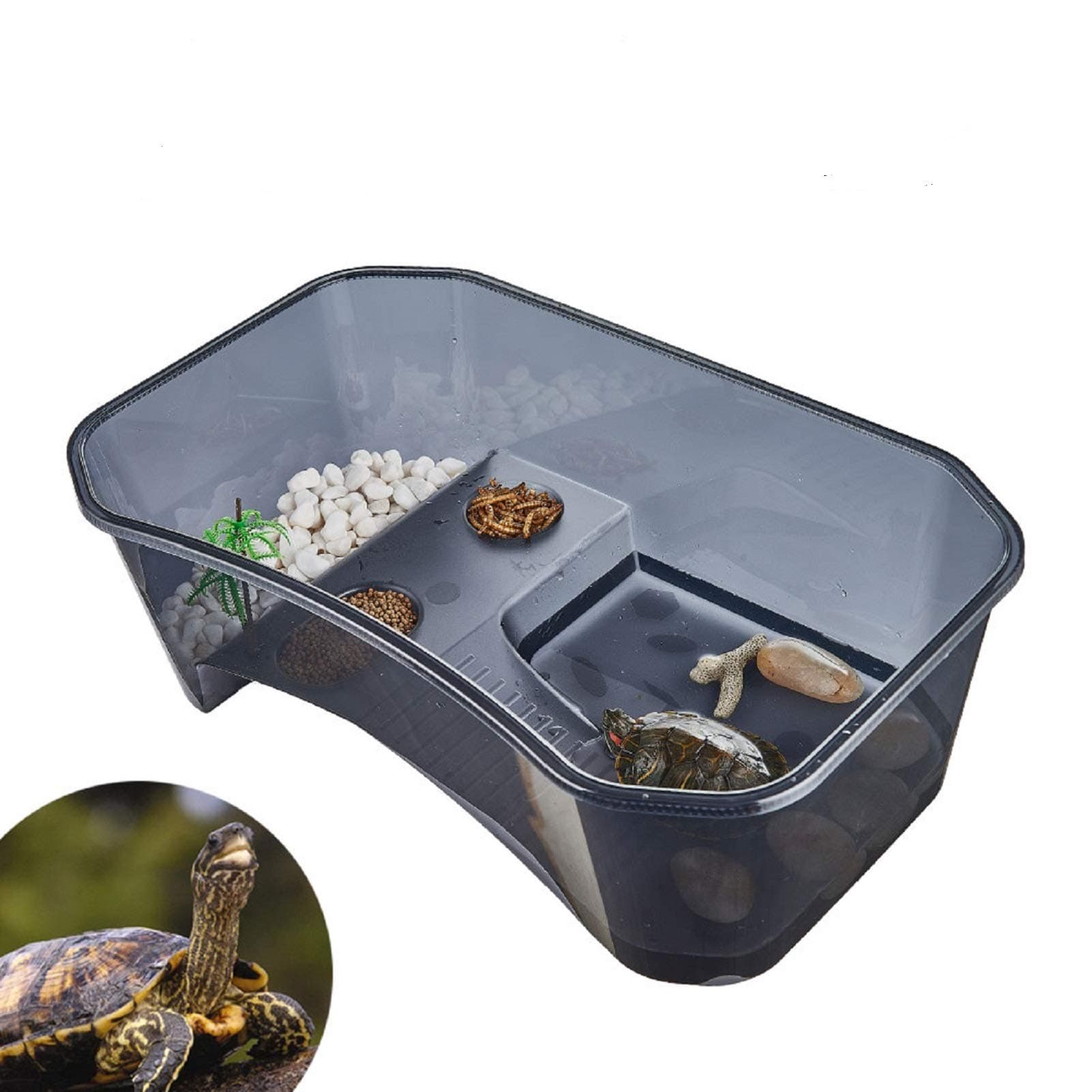 Turtle Tank Aquarium-Turtle basking Platform,Swimming Area, breeding Hibernation Area, Feeding Area is a Perfect Reptile Habitat, with Platform Plants (Black)