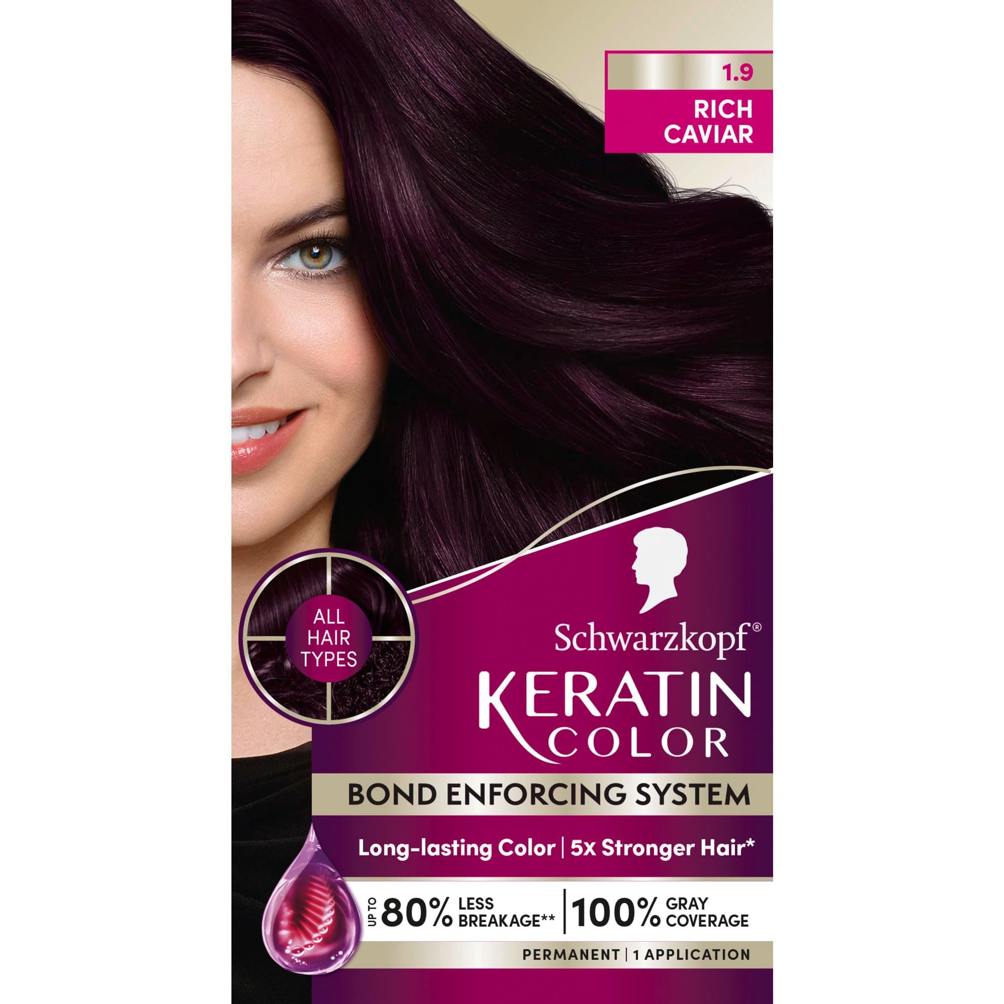 Keratin Permanent Hair Dye Cream, 1.9 Rich Caviar, Professional Quality Color for Up to 100% Gray Coverage, Bond Enforcing System