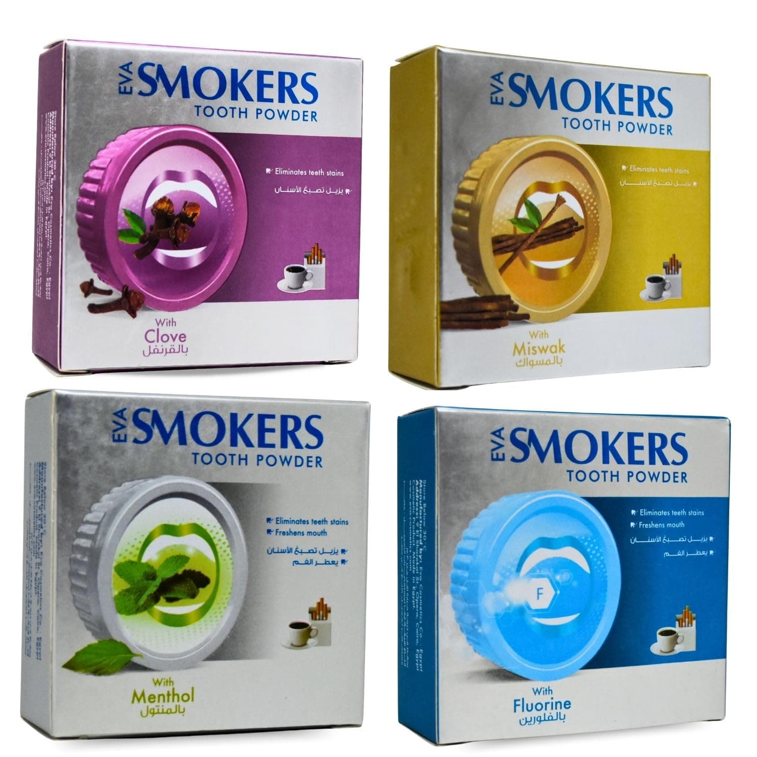 Lot 4 Eva Smokers Miswak Clove Menthol Fluorine Cleansing Whiten Whitening Tooth Powder