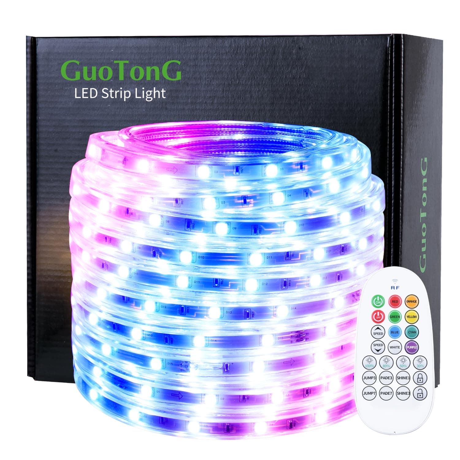 LED Rope Lights 50ft/15m RGB Dimmable Strip Lighting Kit, Flexible 450 LED, 110V, Waterproof, Male and Female connectors, Power Plug Built-in Fuse Design, Infrared Remote Control