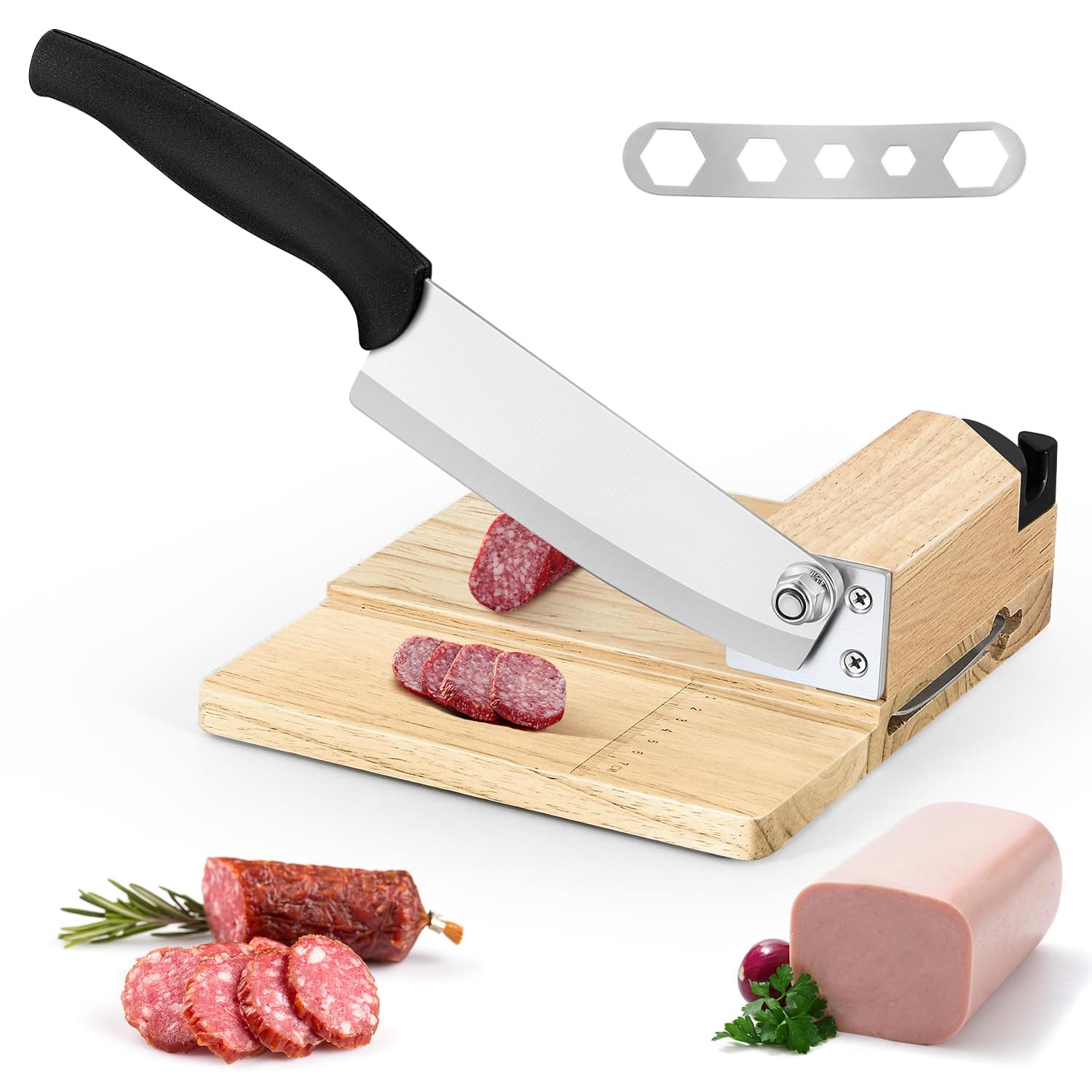 Moongiantgo Biltong Slicer Jerky Slicer Cutter with Built-in Knife Sharpener Detachable Knife Rubber Wood Base for Beef Jerky Deli Delicatessen Bacon Hard Fruits Vegetables Herb Ginseng Pastry